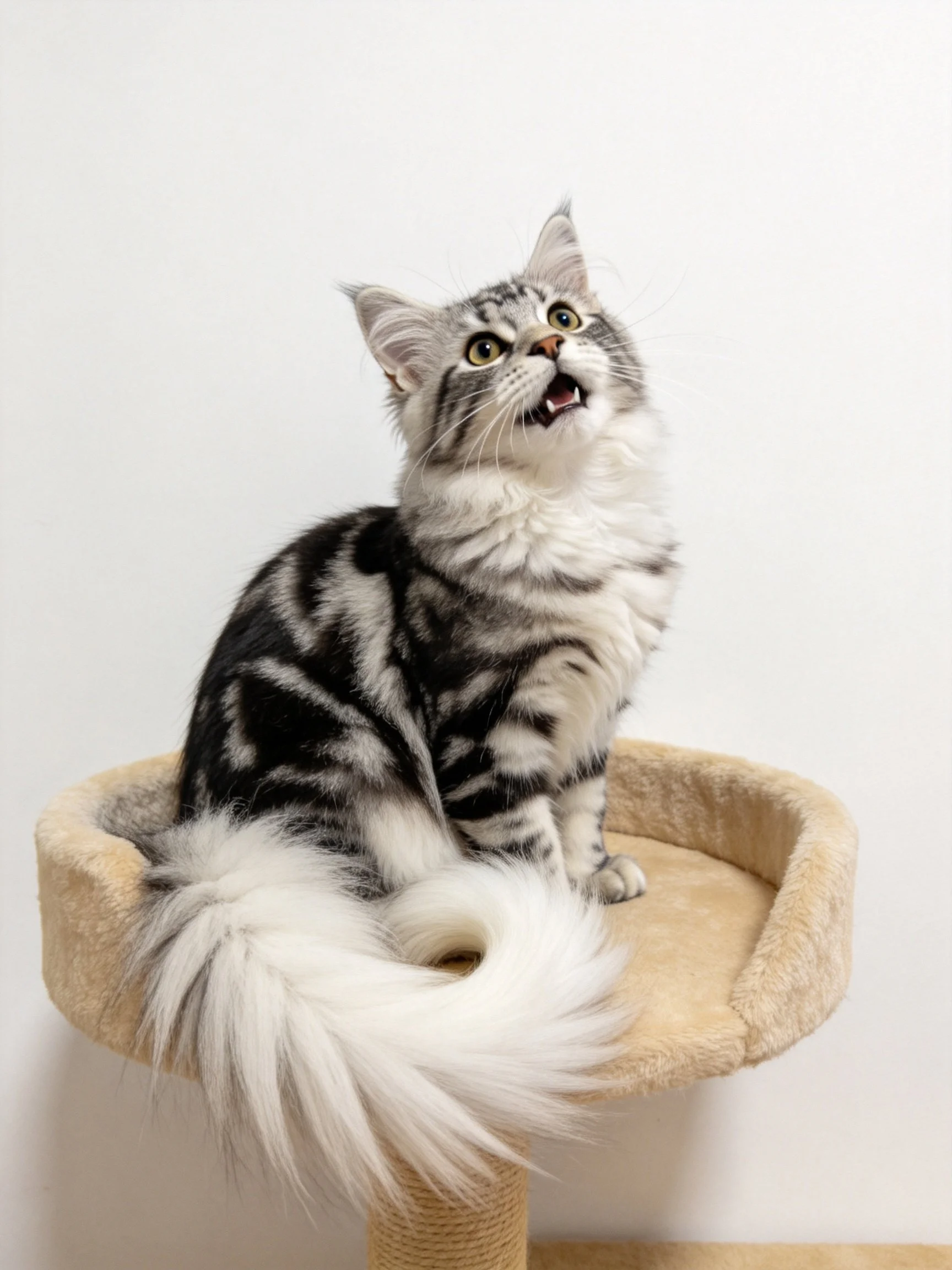 A gray and white tabby cat sits on a beige cat perch against a plain white wall