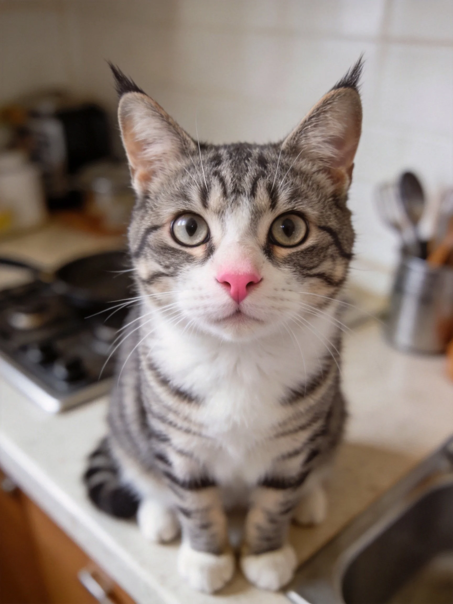 A gray and white tabby cat sits on a kitchen counter near kitchenware