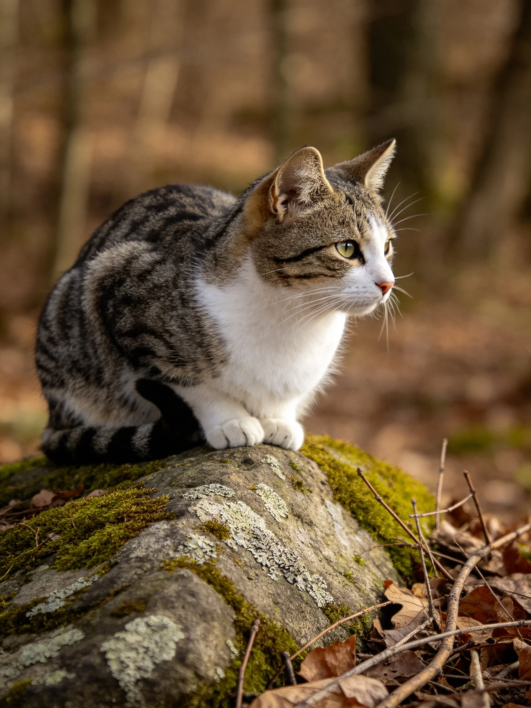 Tabby cat with white chest sits on a mossy rock in a forest