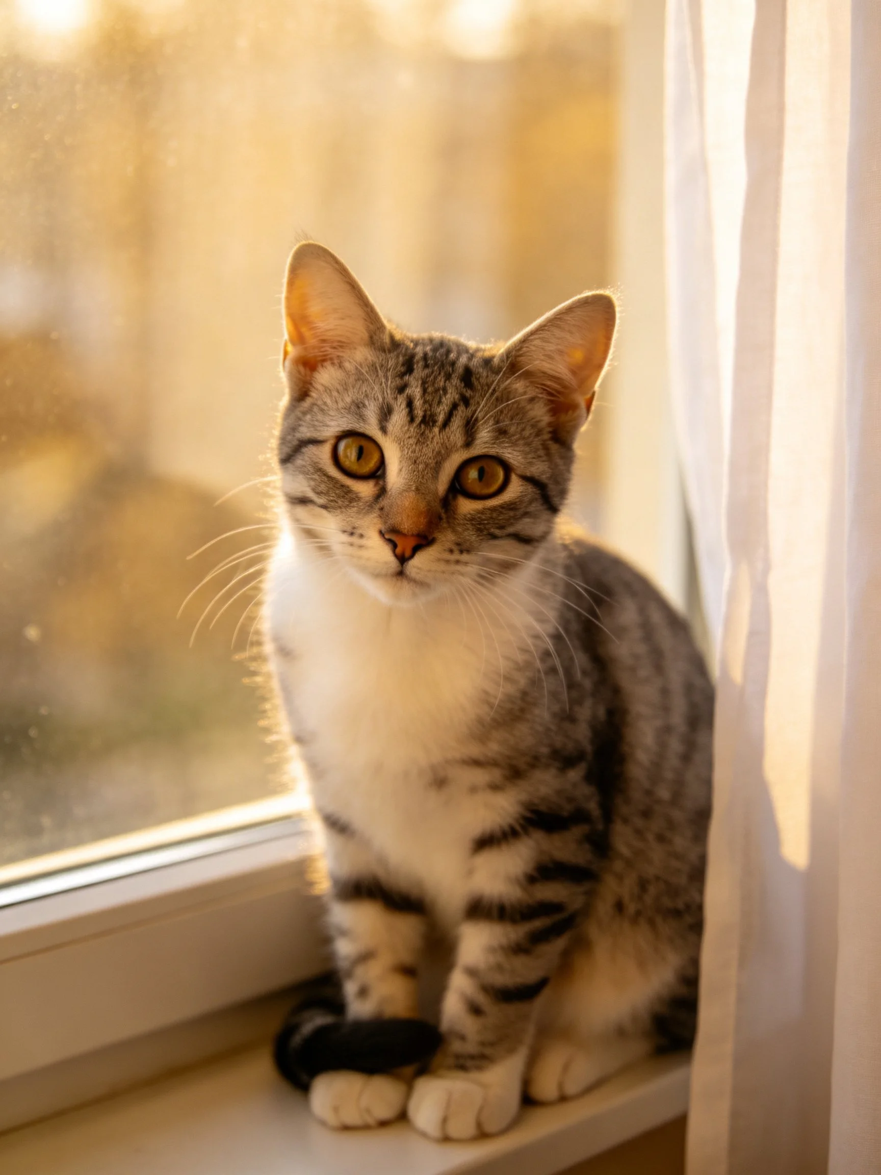 A gray and white tabby cat sits on a sunlit windowsill near a curtain