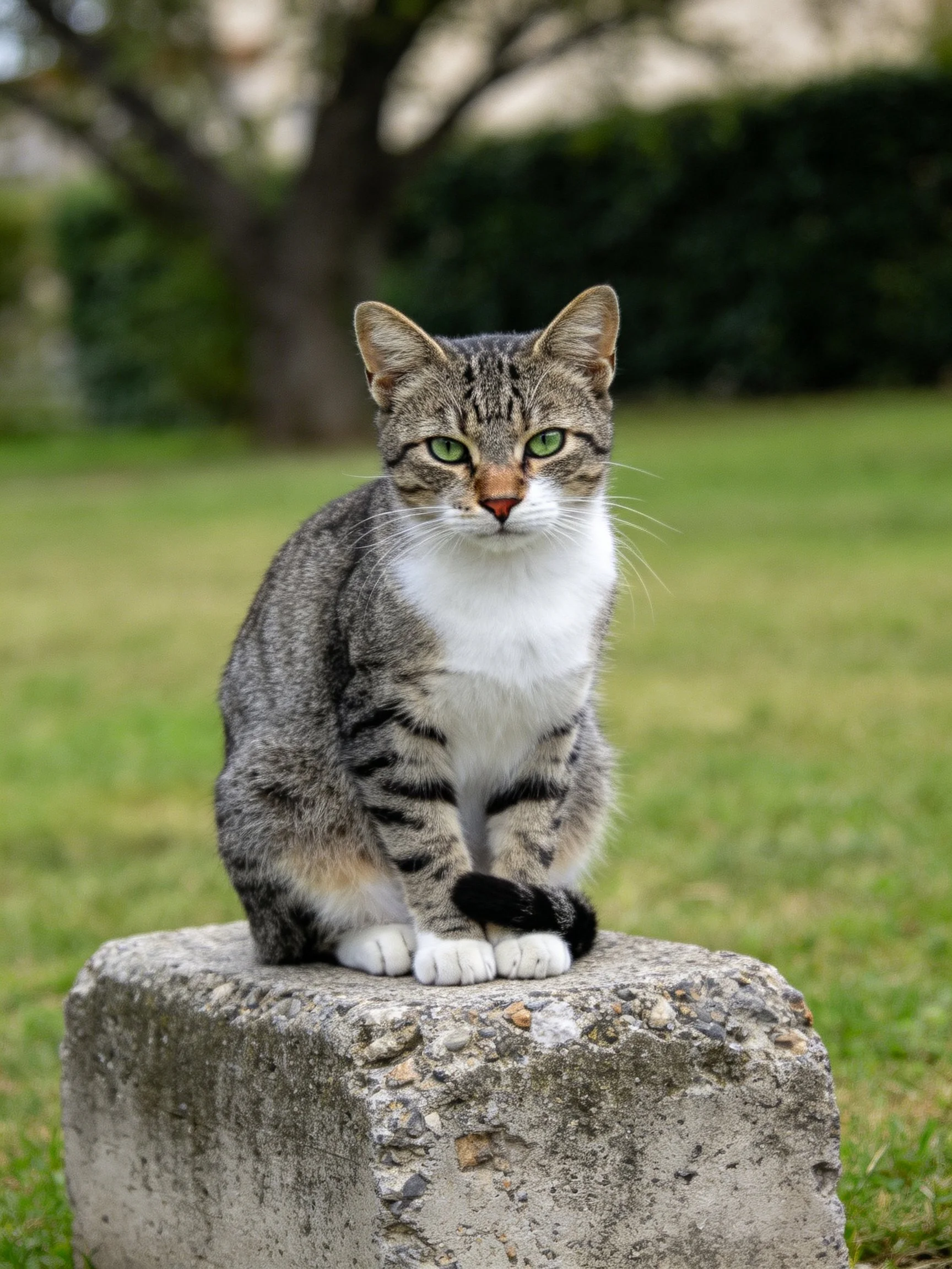 A tabby cat rests on a concrete block surrounded by grass and trees in an outdoor setting.