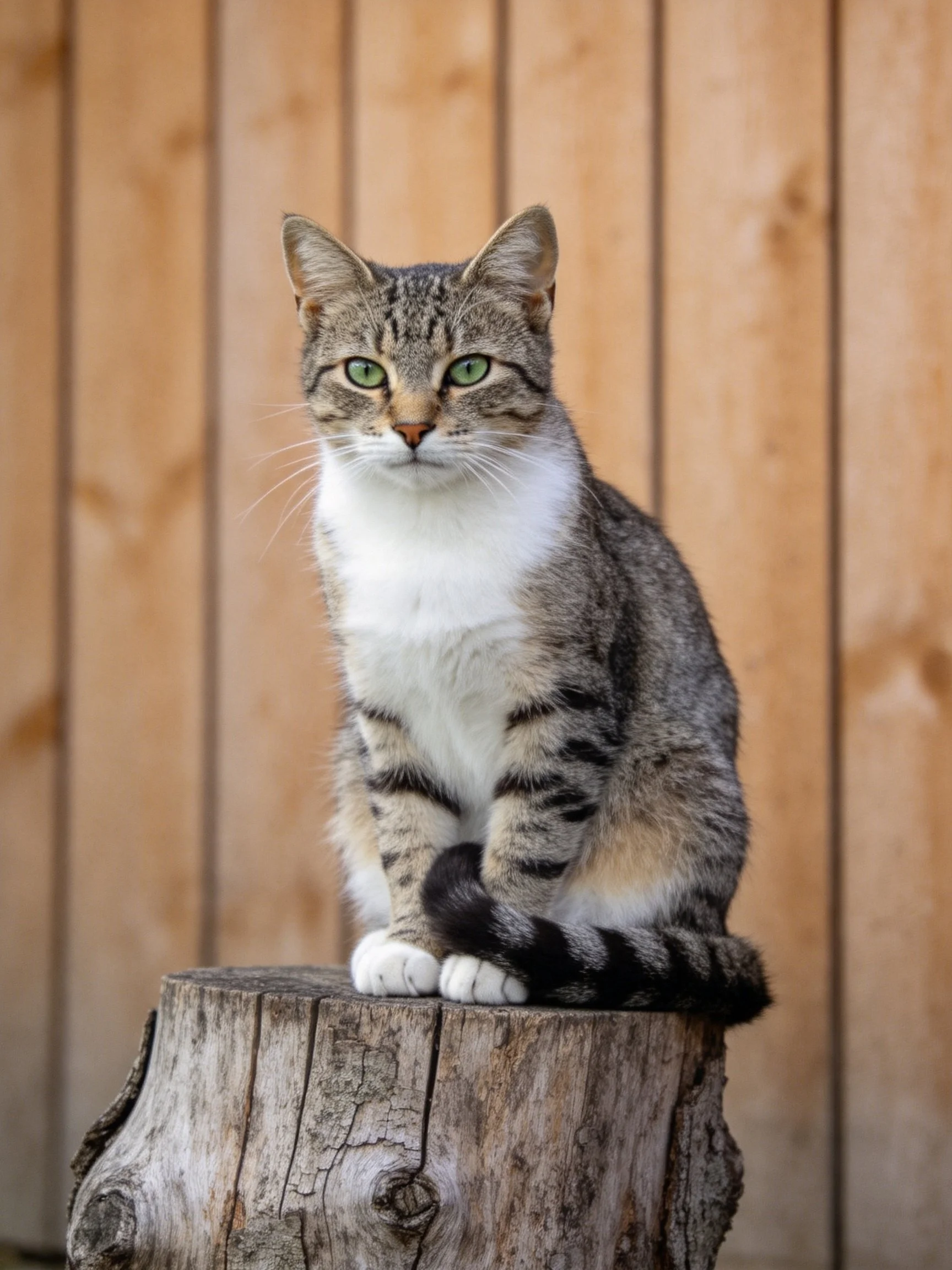 A gray and white tabby cat sits calmly on an aged tree stump near a wooden fence.