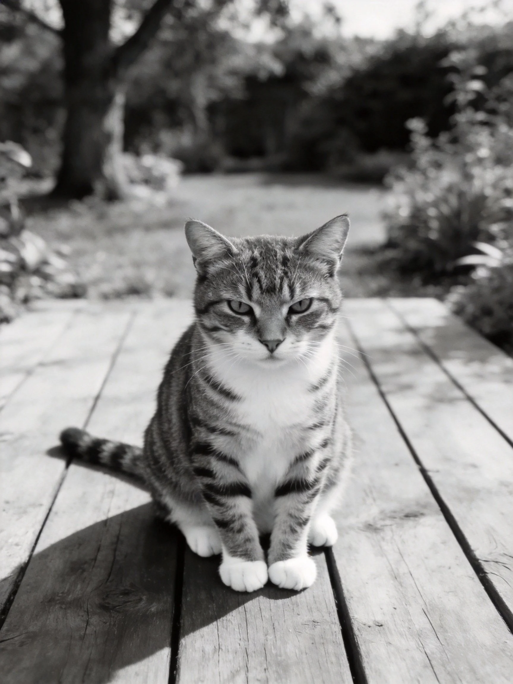 A tabby cat sits calmly on a wooden deck in a sunlit outdoor space.