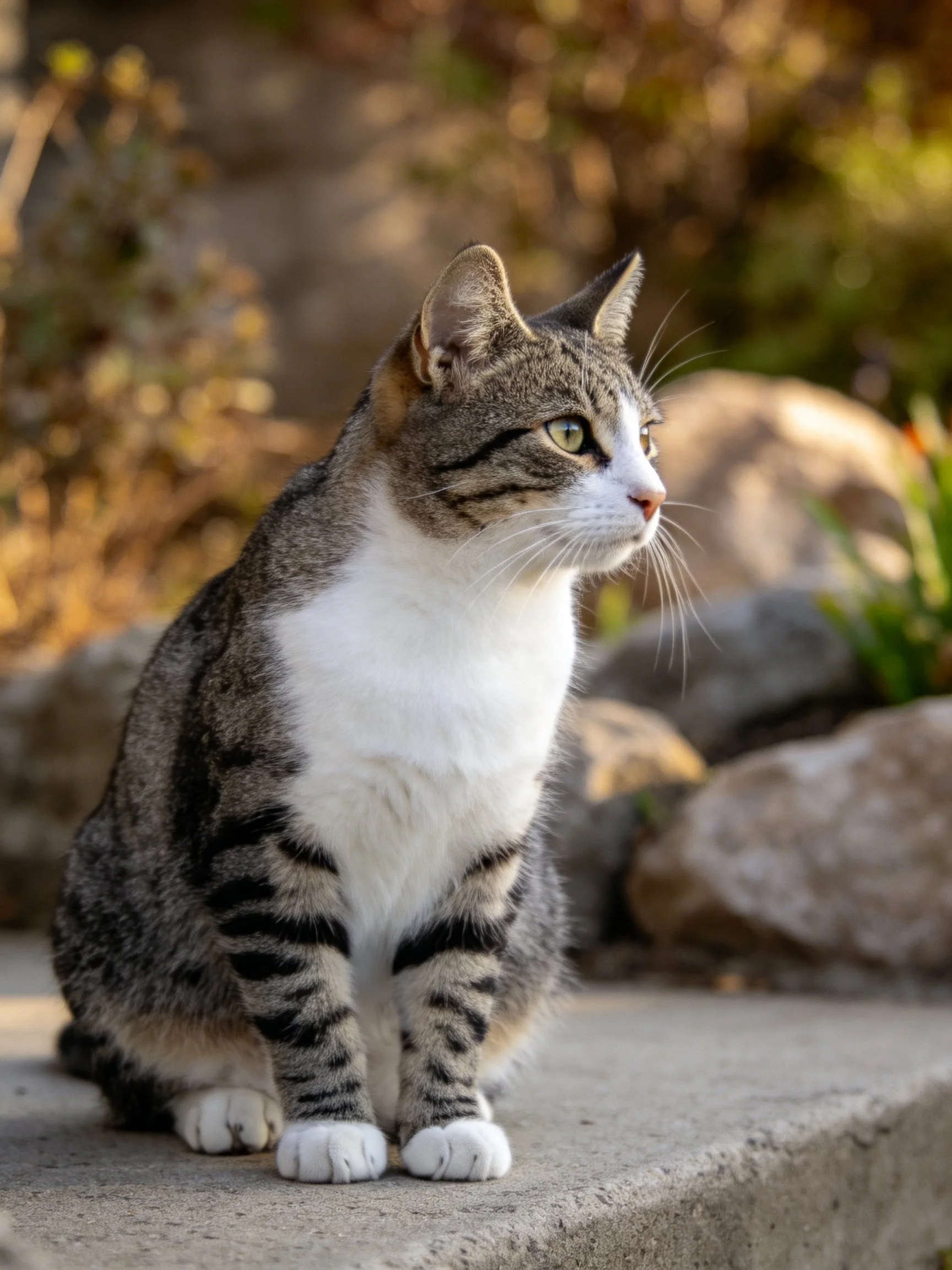 A gray and white tabby cat sits attentively on concrete amid rocks and foliage.