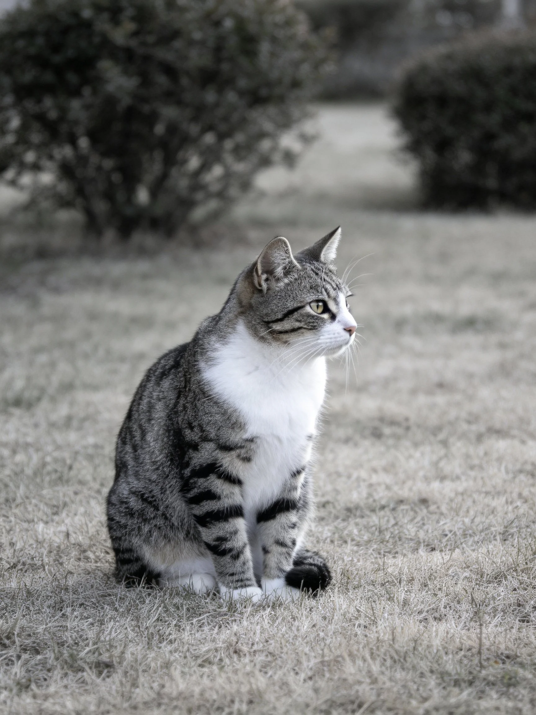A gray and white tabby cat sits on dry grass with shrubs in the background