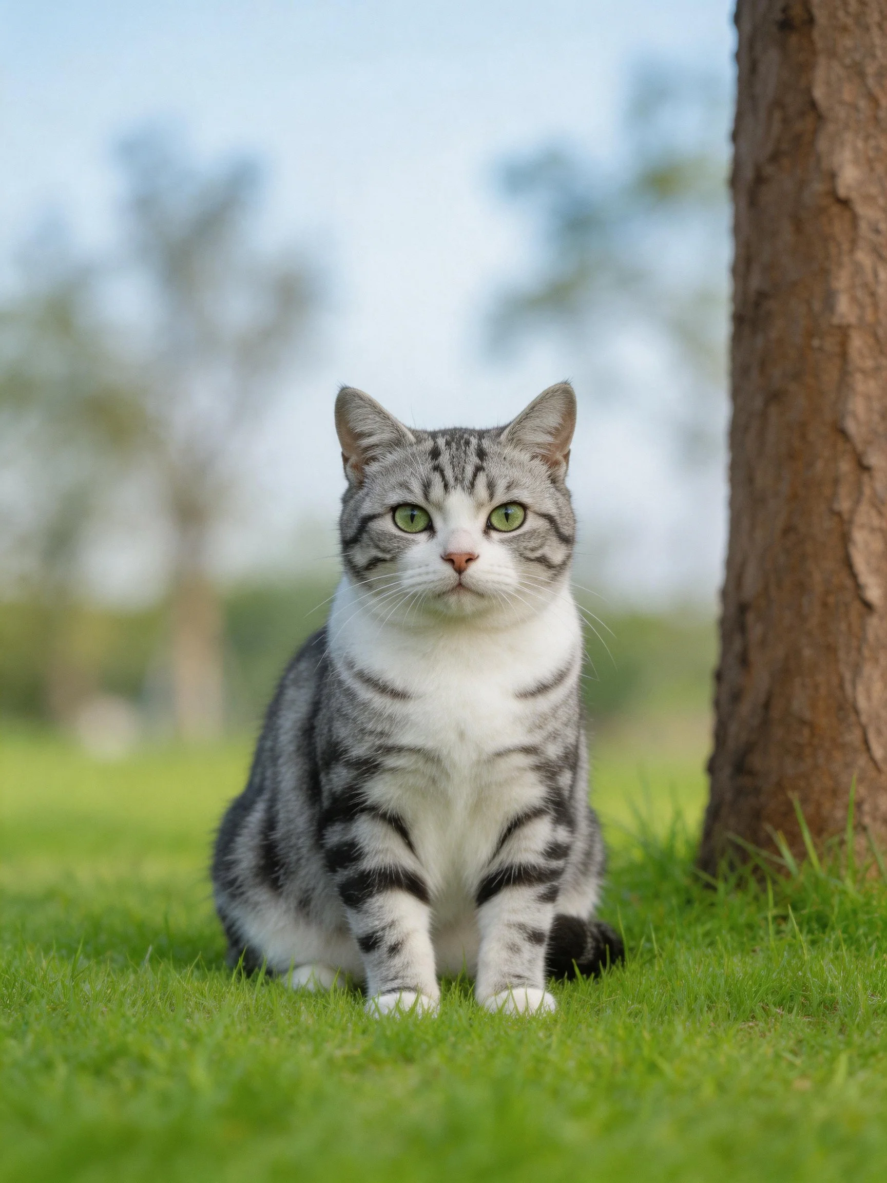 A gray and white tabby cat sits on lush green grass near a tree