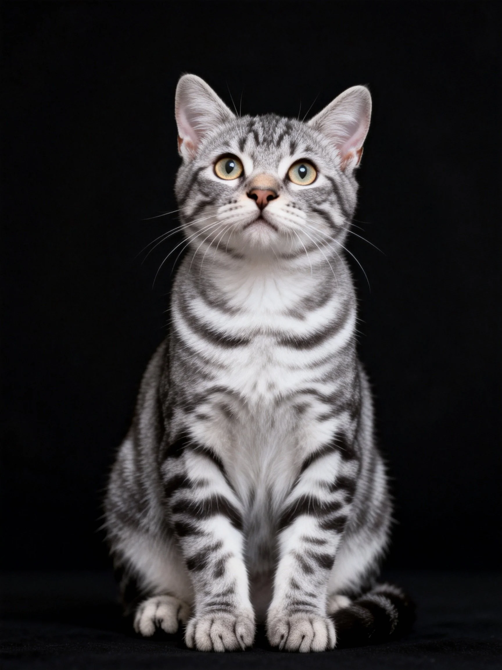 A gray and white tabby cat sits attentively amid a solid black backdrop.