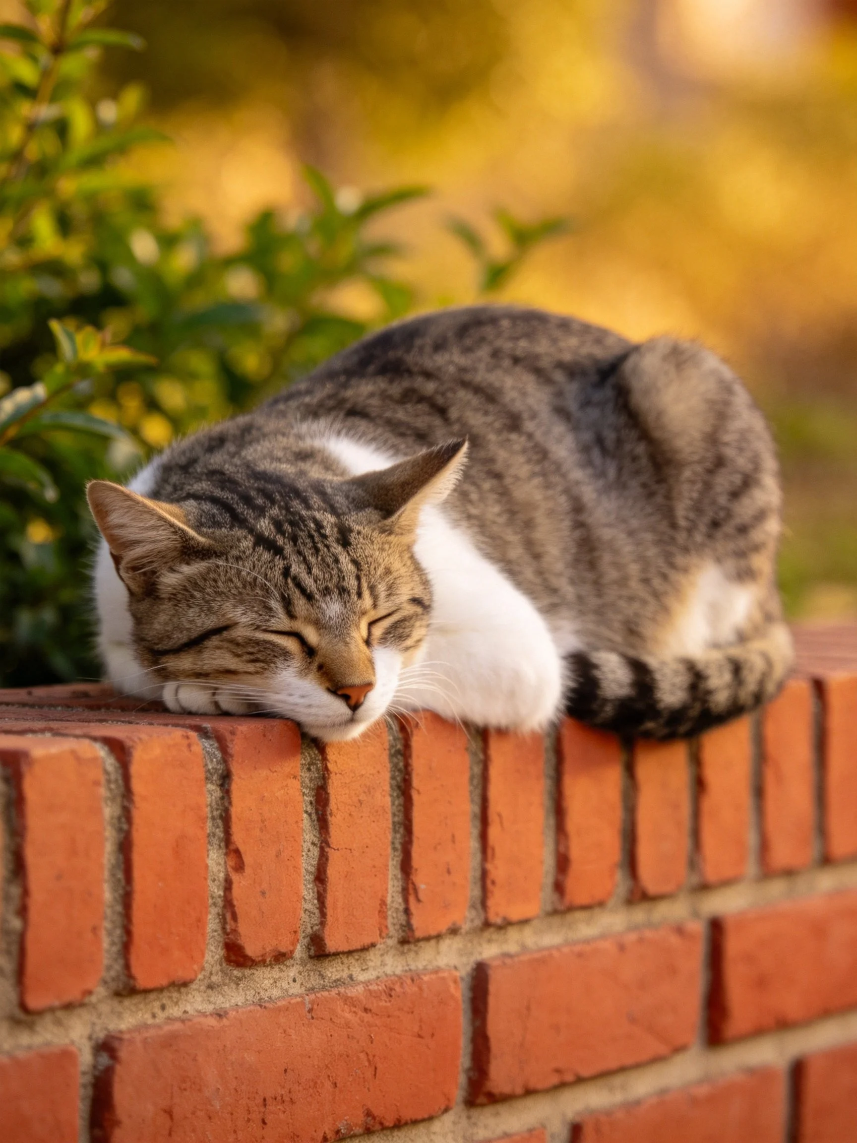 A tabby cat with white patches sleeps on a red brick wall outdoors