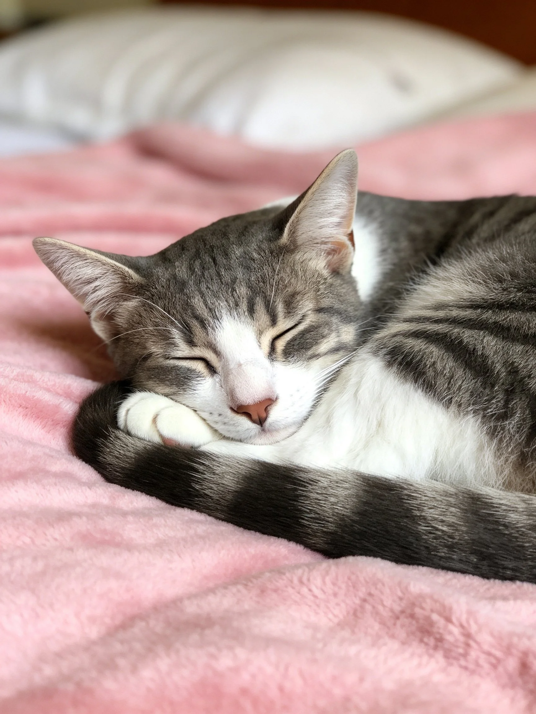 A gray and white tabby cat rests peacefully on a pink blanket.