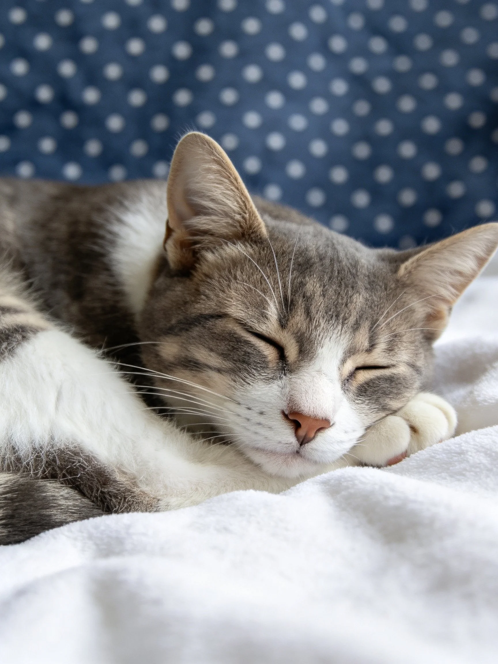 A gray and white tabby cat sleeps peacefully on a white blanket with a blue polka - dotted cushion in the background