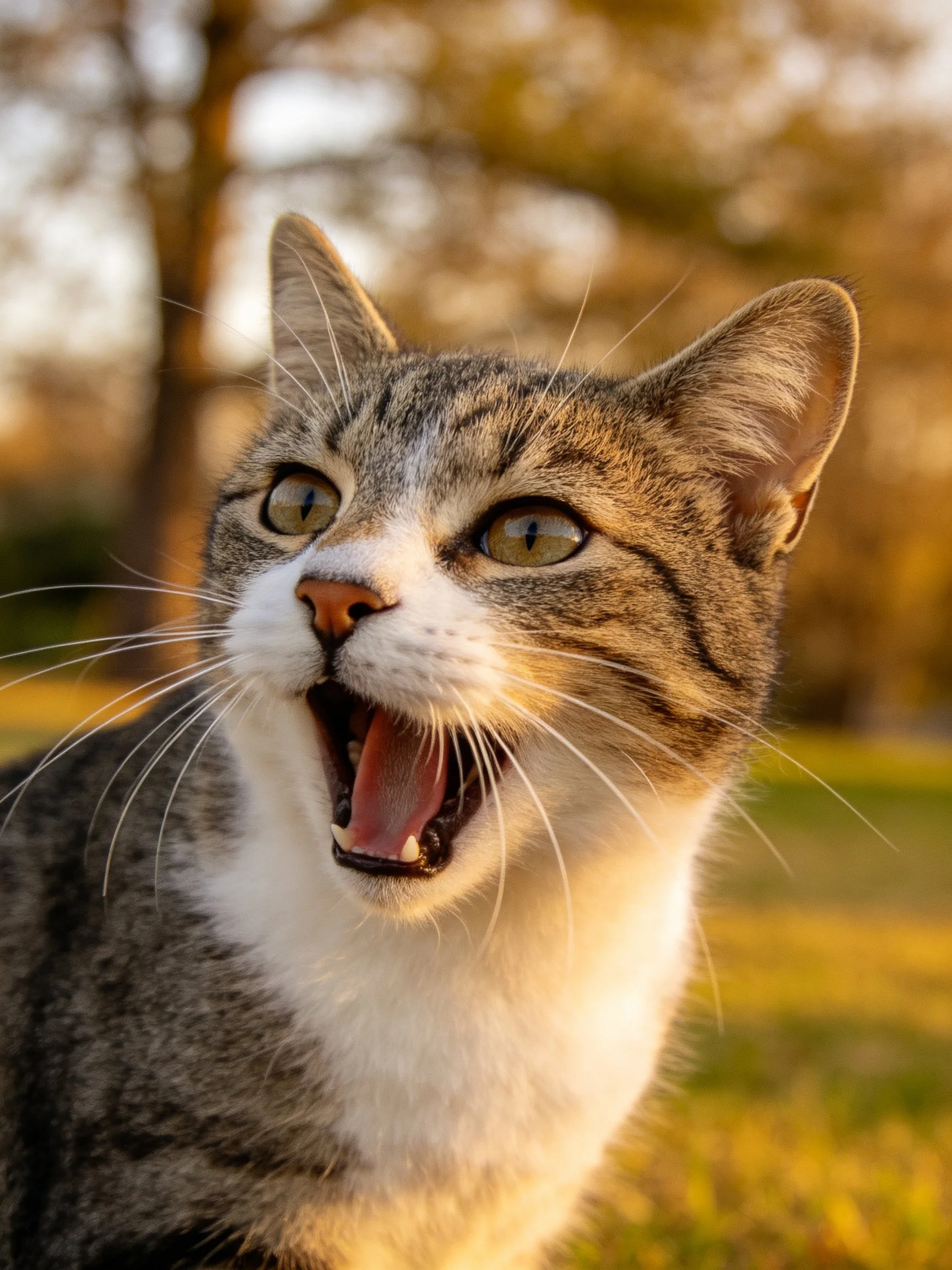 A gray and white tabby cat vocalizes in a sunlit outdoor environment.