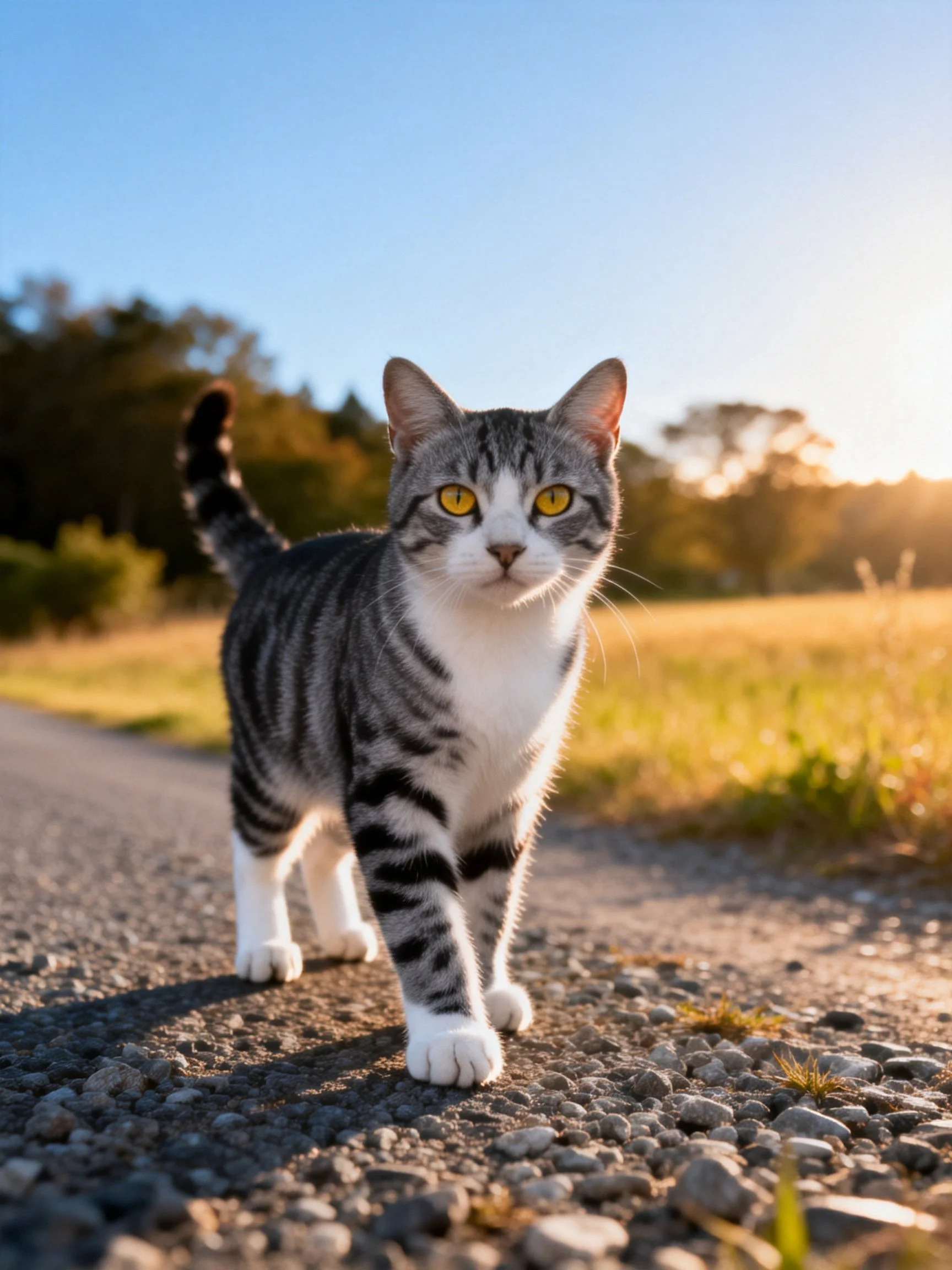 A gray and white tabby cat walks on a gravel path in a sunlit outdoor setting