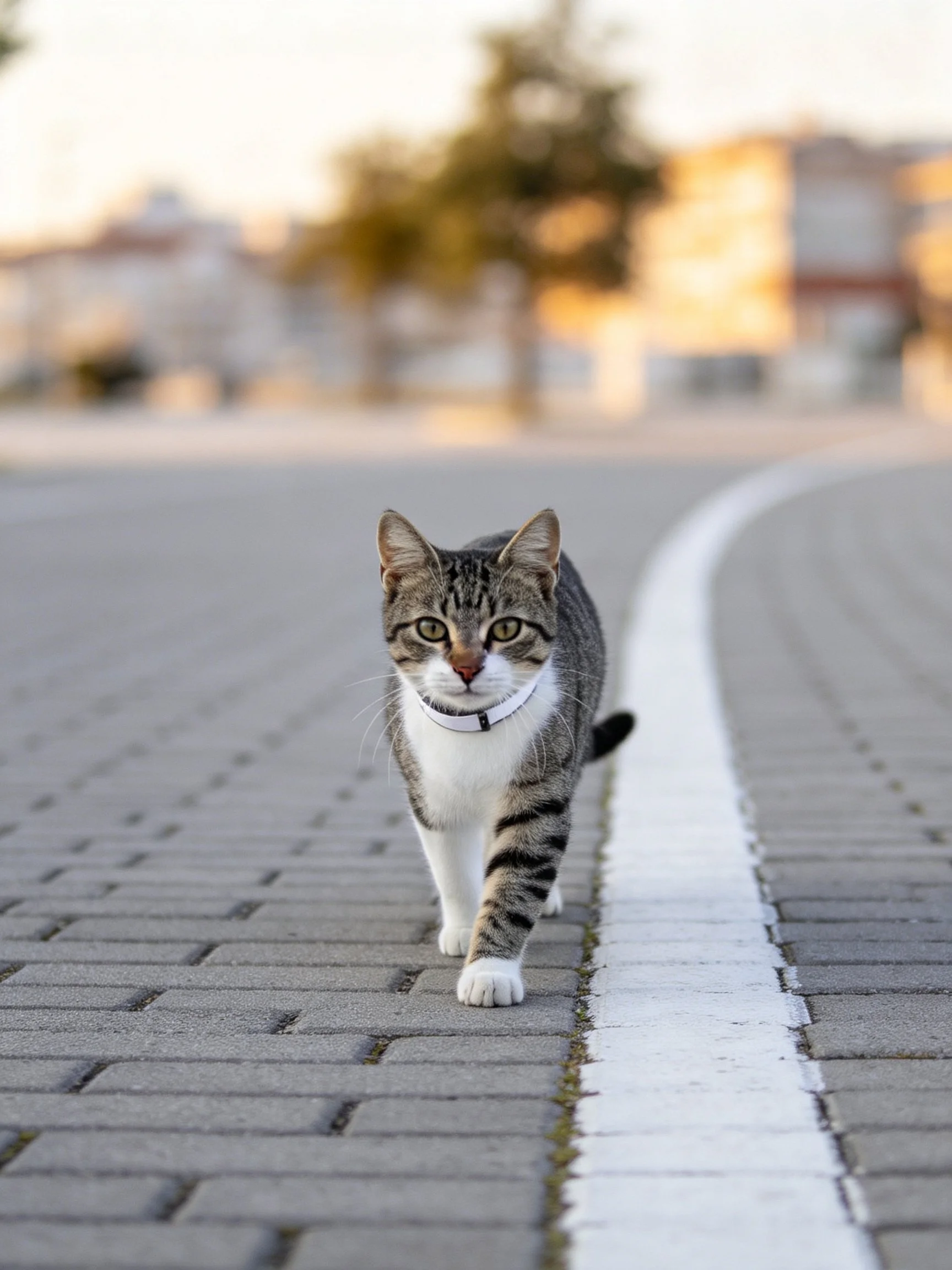 A gray and white tabby cat walks along a paved path marked by a white stripe