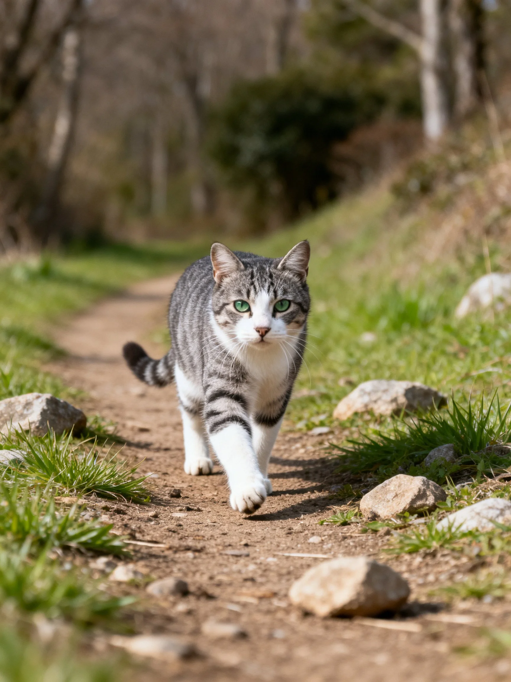 A gray and white tabby cat walks along a rocky dirt path in a wooded area.