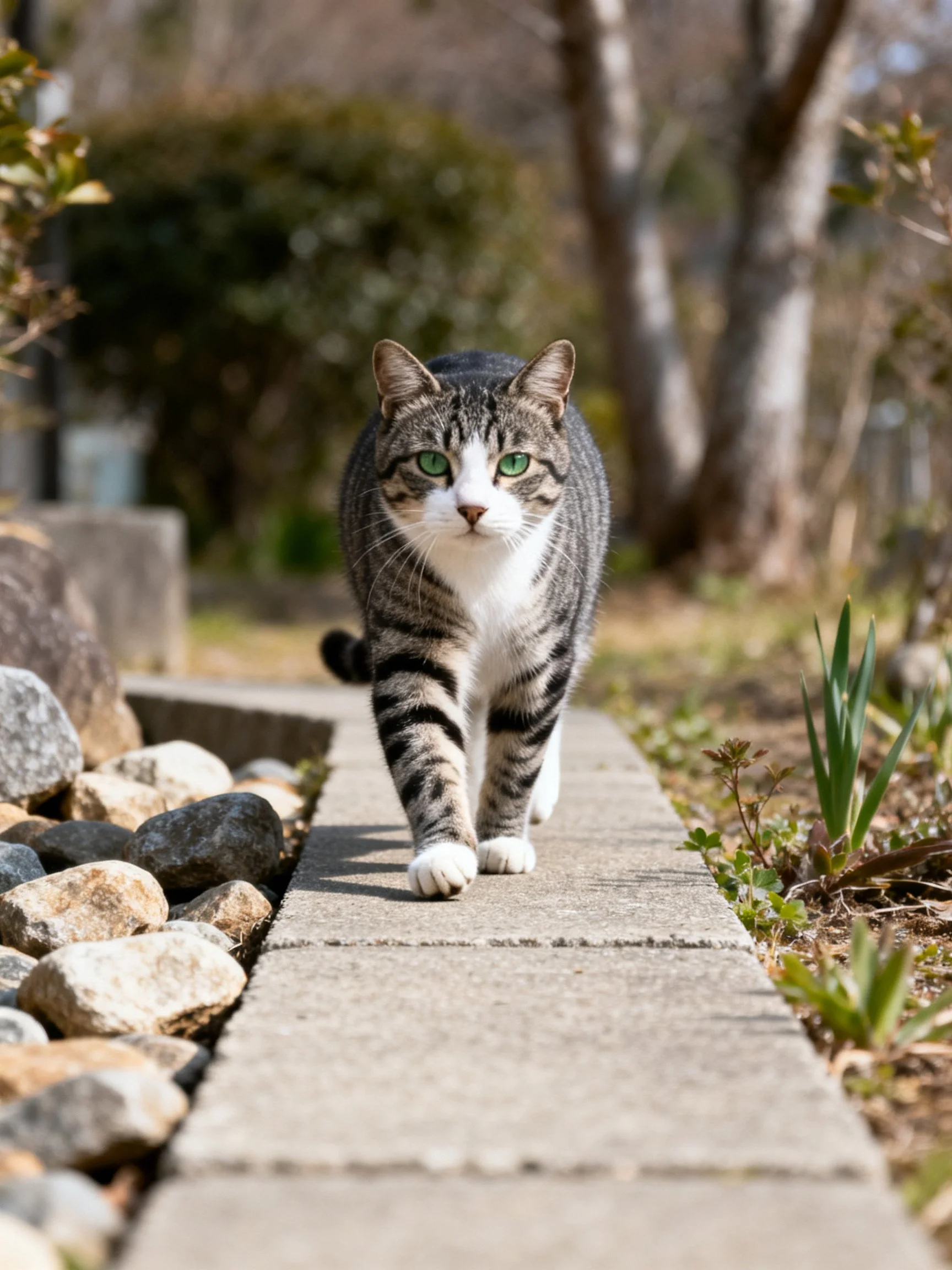 A gray and white tabby cat walks on a stone path in a garden setting.