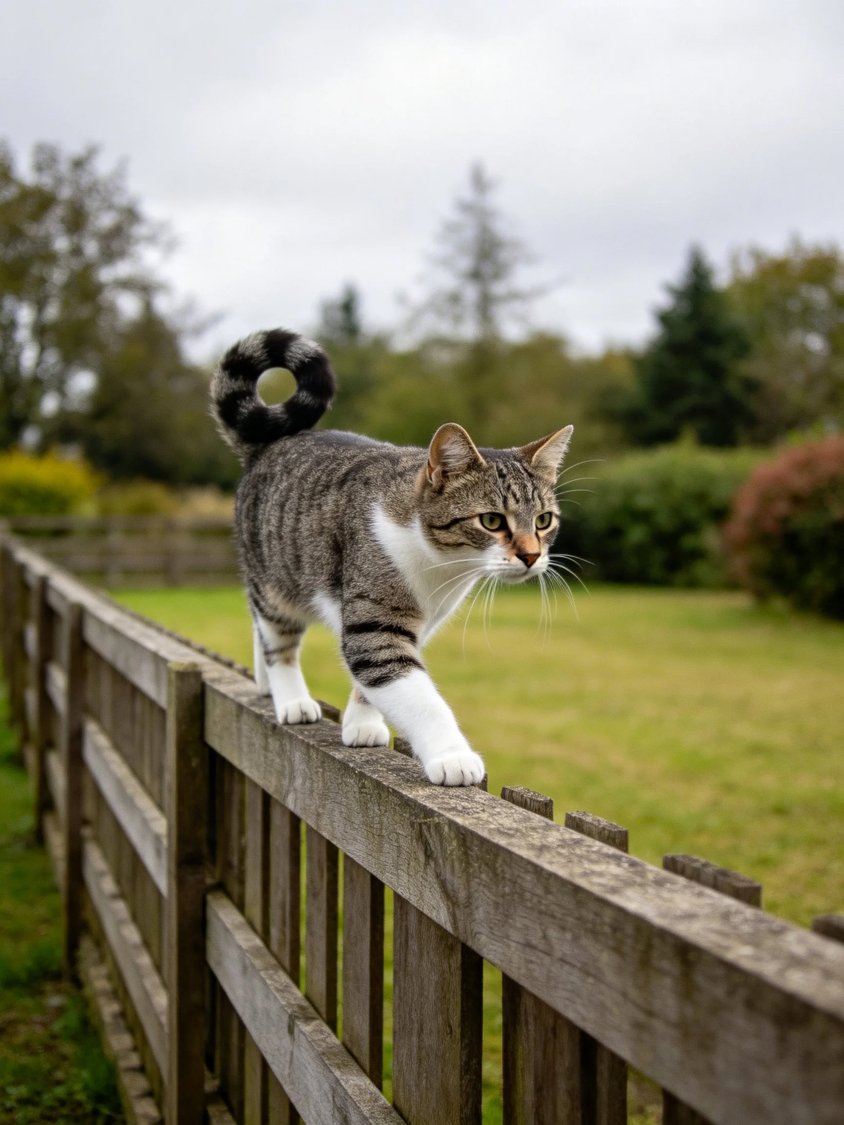 A gray and white tabby cat navigates a wooden fence in an outdoor environment.