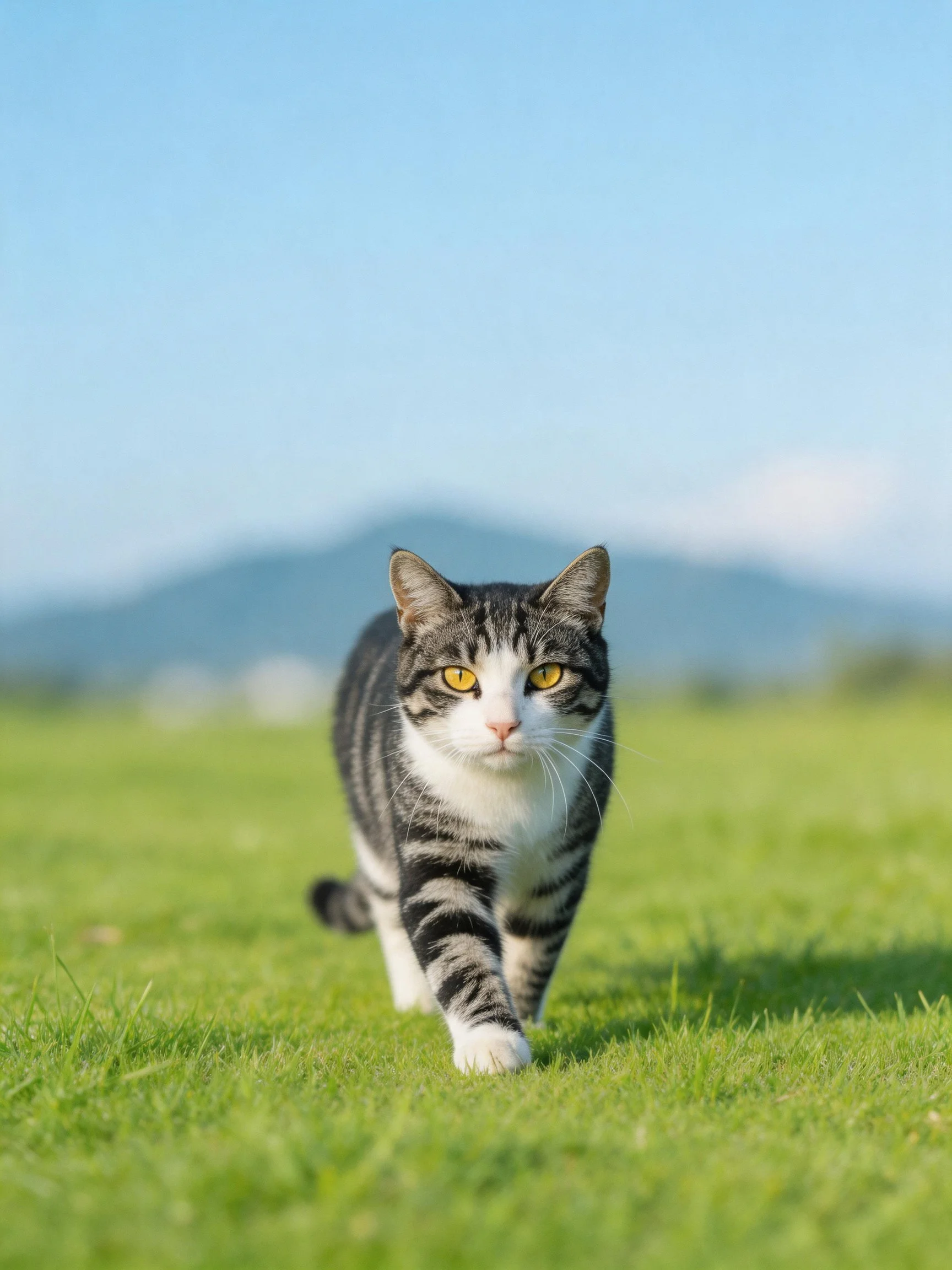 A gray and white tabby cat walks through a sunny green meadow with distant mountains