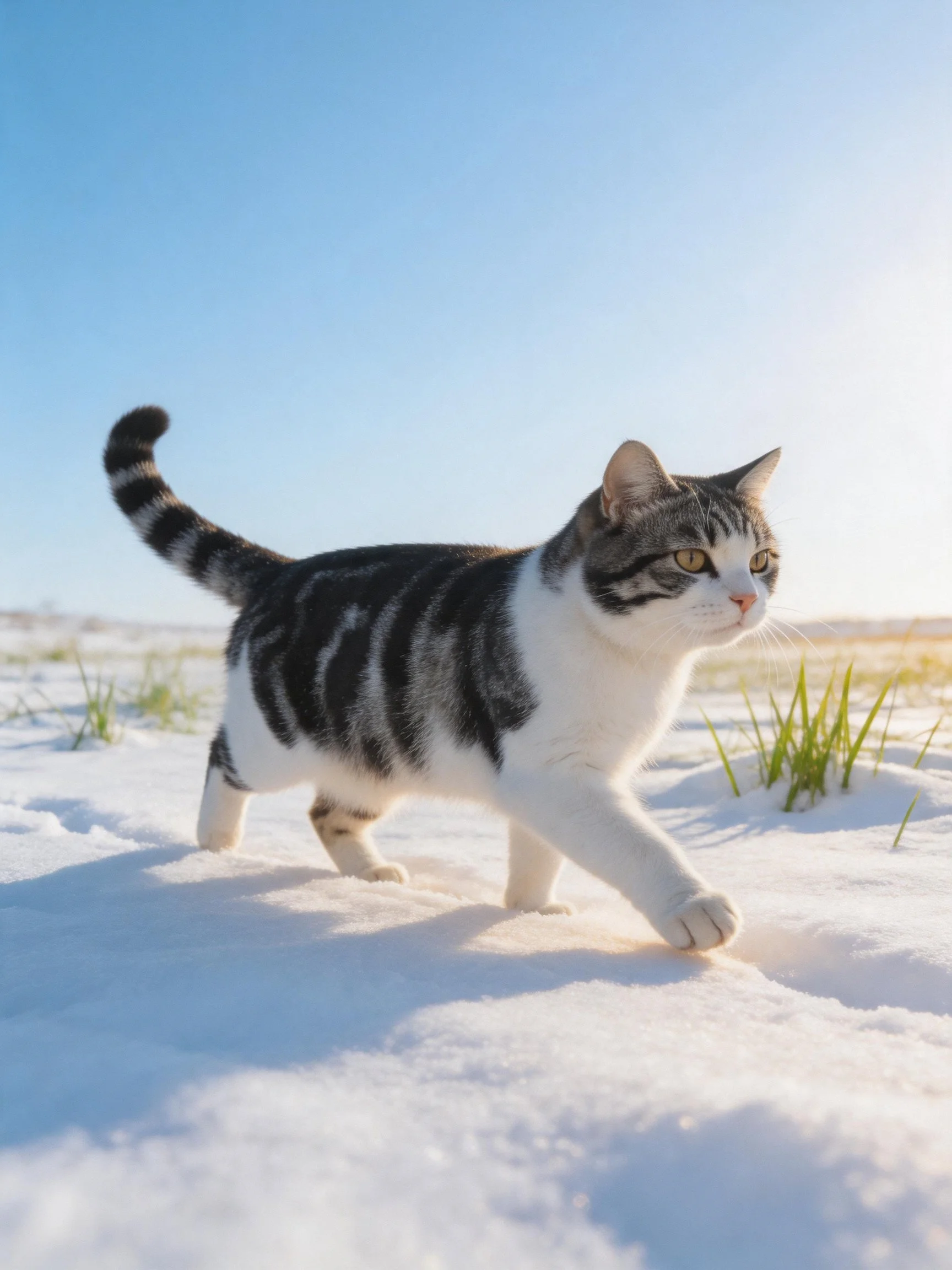 A gray and white tabby cat moves across snowy ground near small patches of grass.