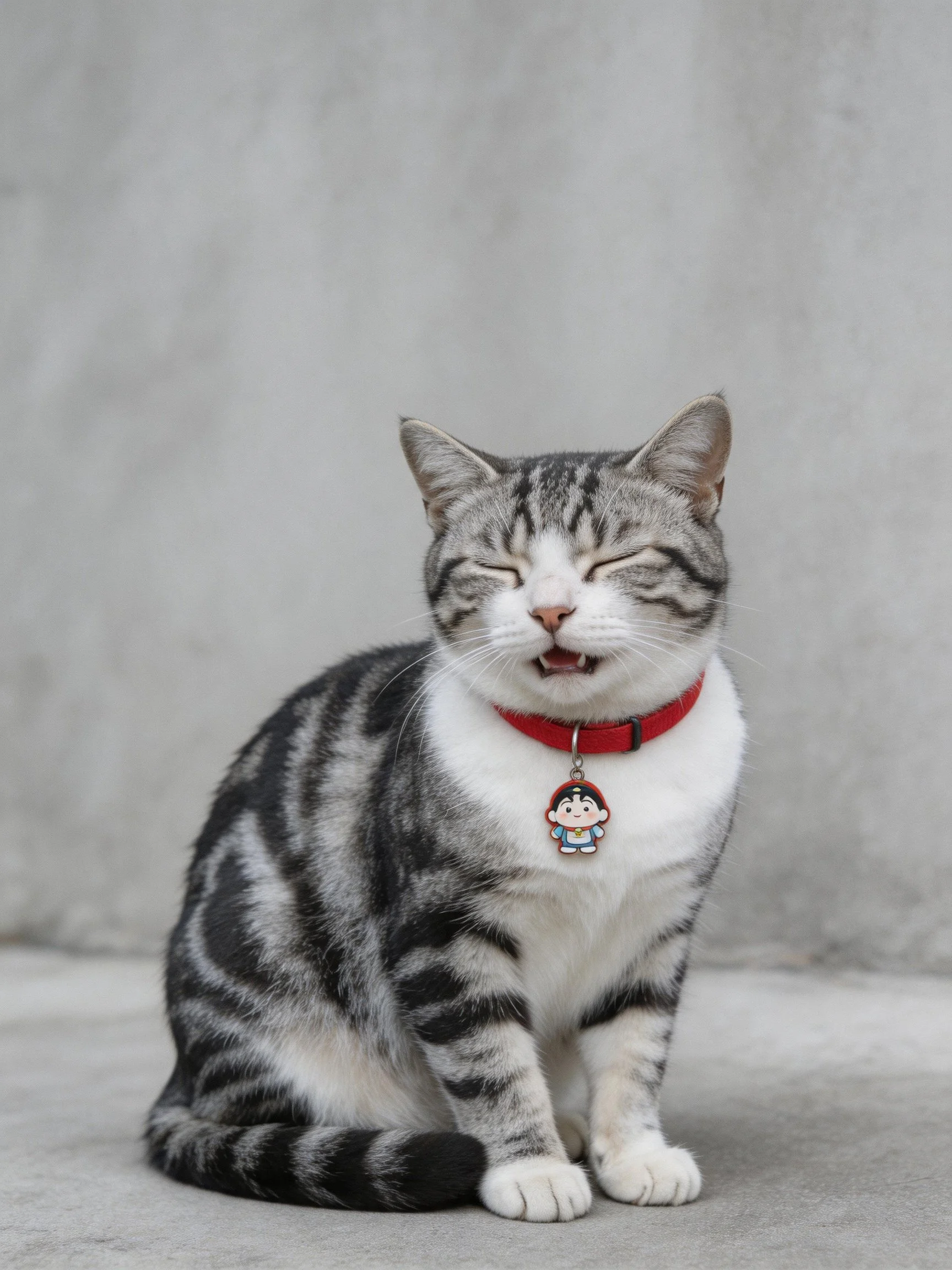 A gray and white tabby cat with a red collar sits near a plain gray wall.