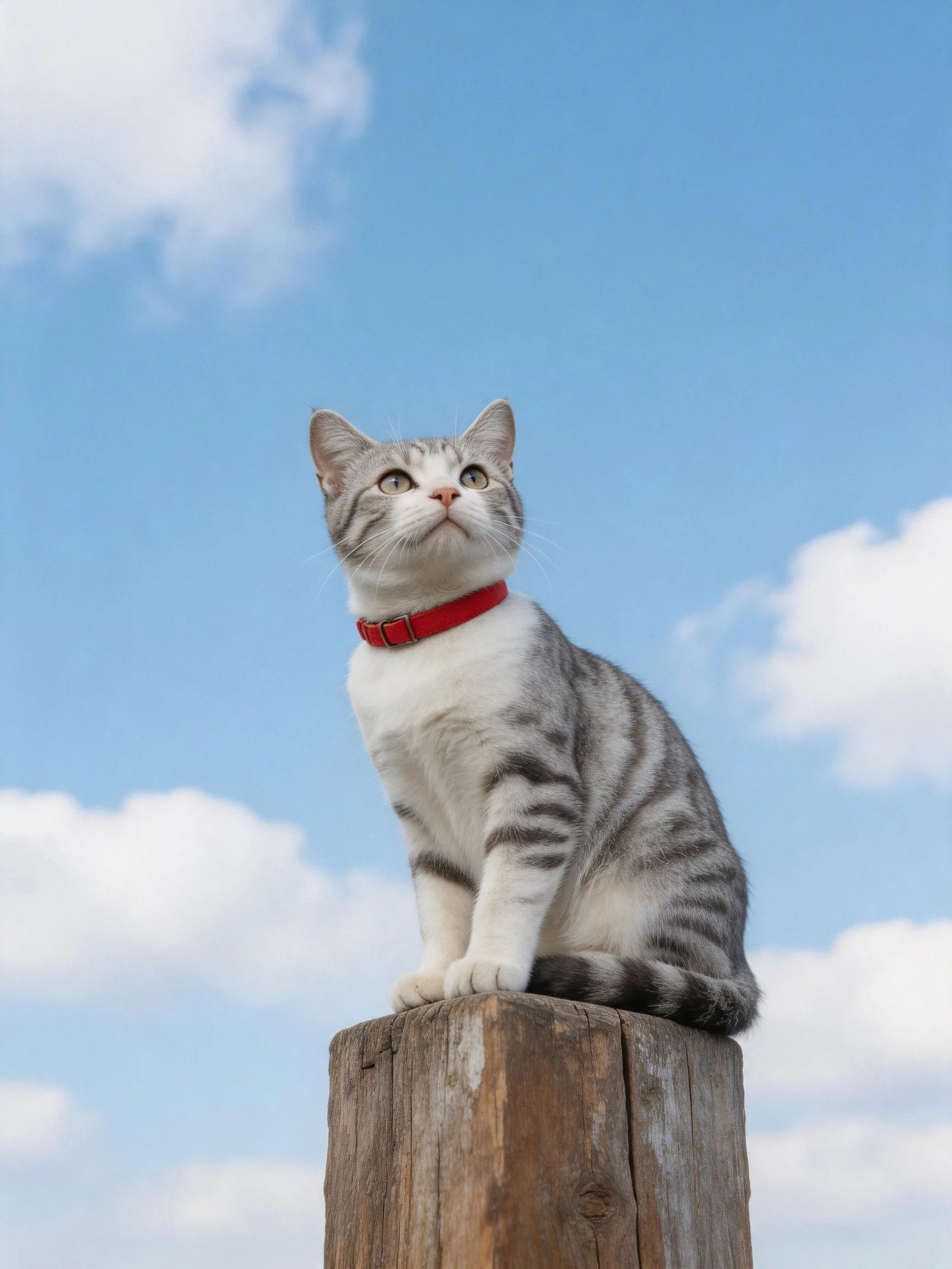 A gray and white tabby cat with a red collar sits on a wooden post beneath a clear blue sky.