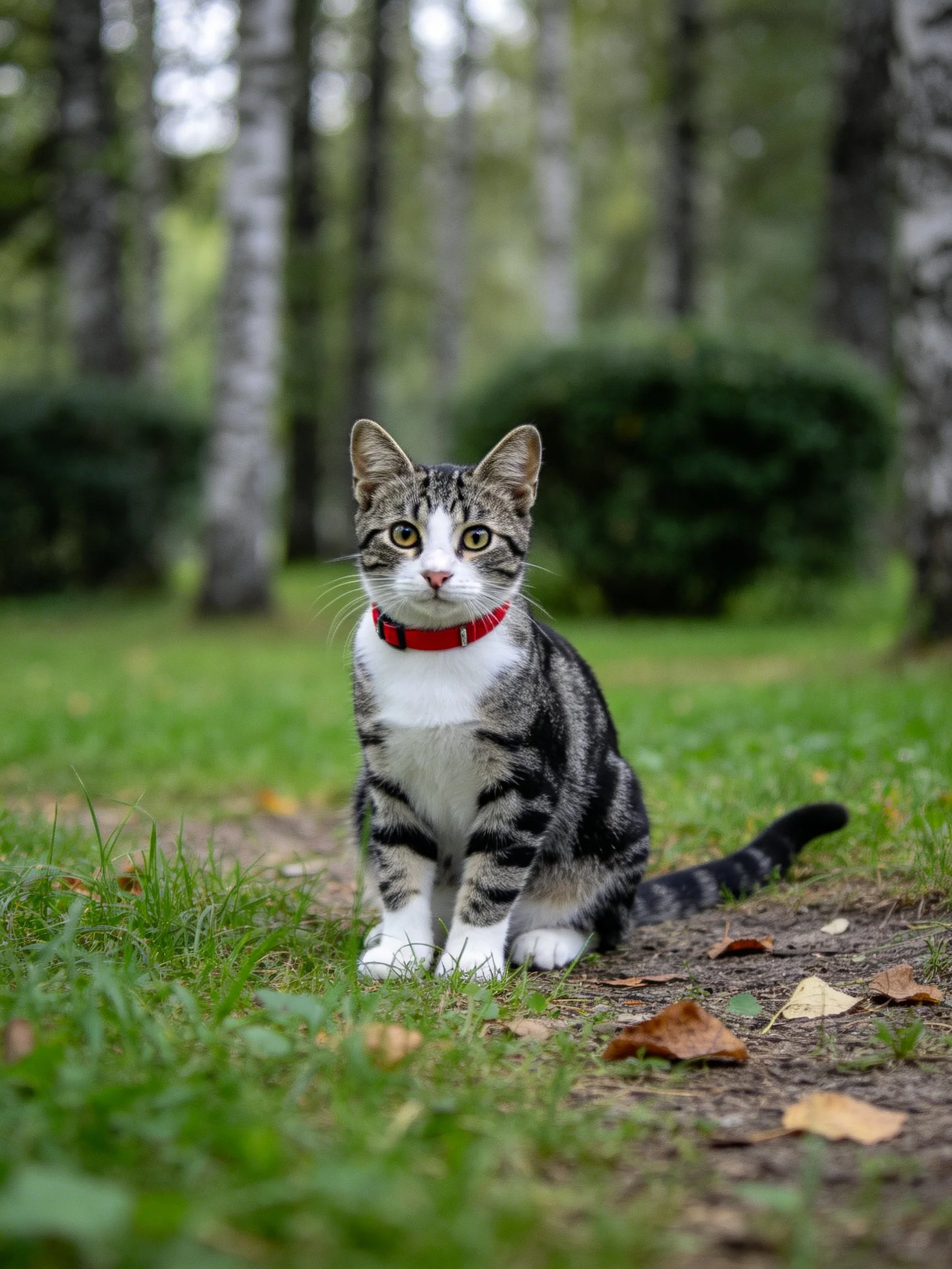 A tabby cat with a red collar sits in a grassy outdoor area near trees