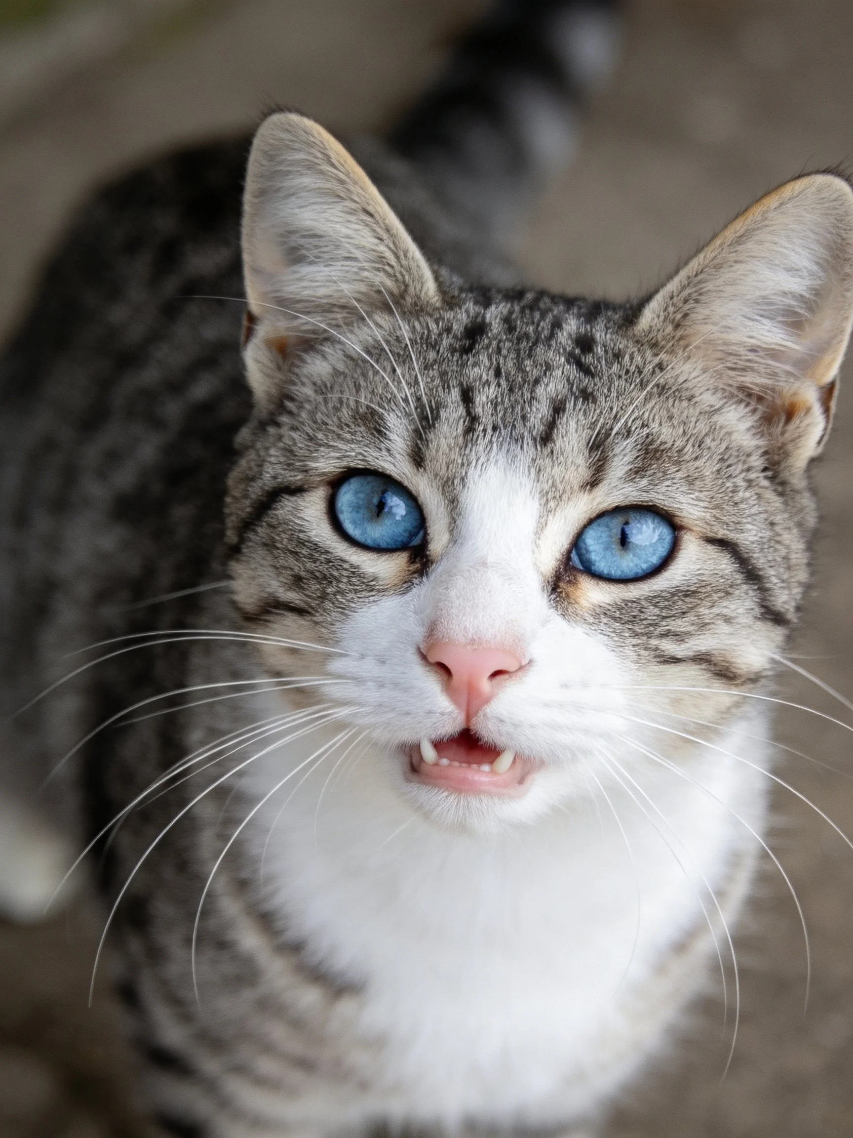 A gray and white tabby cat looks upward with vivid blue eyes.