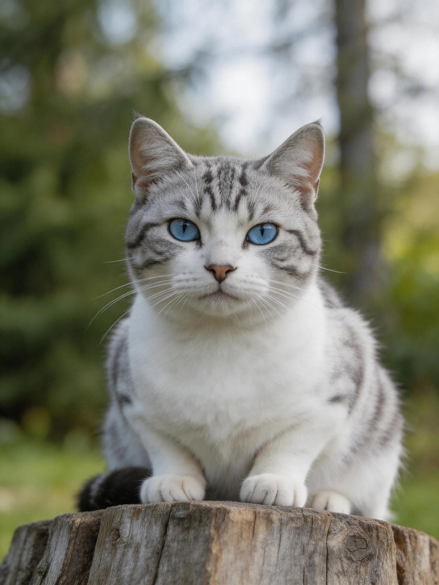 A gray and white tabby cat with blue eyes rests on a weathered tree stump amid blurred greenery.