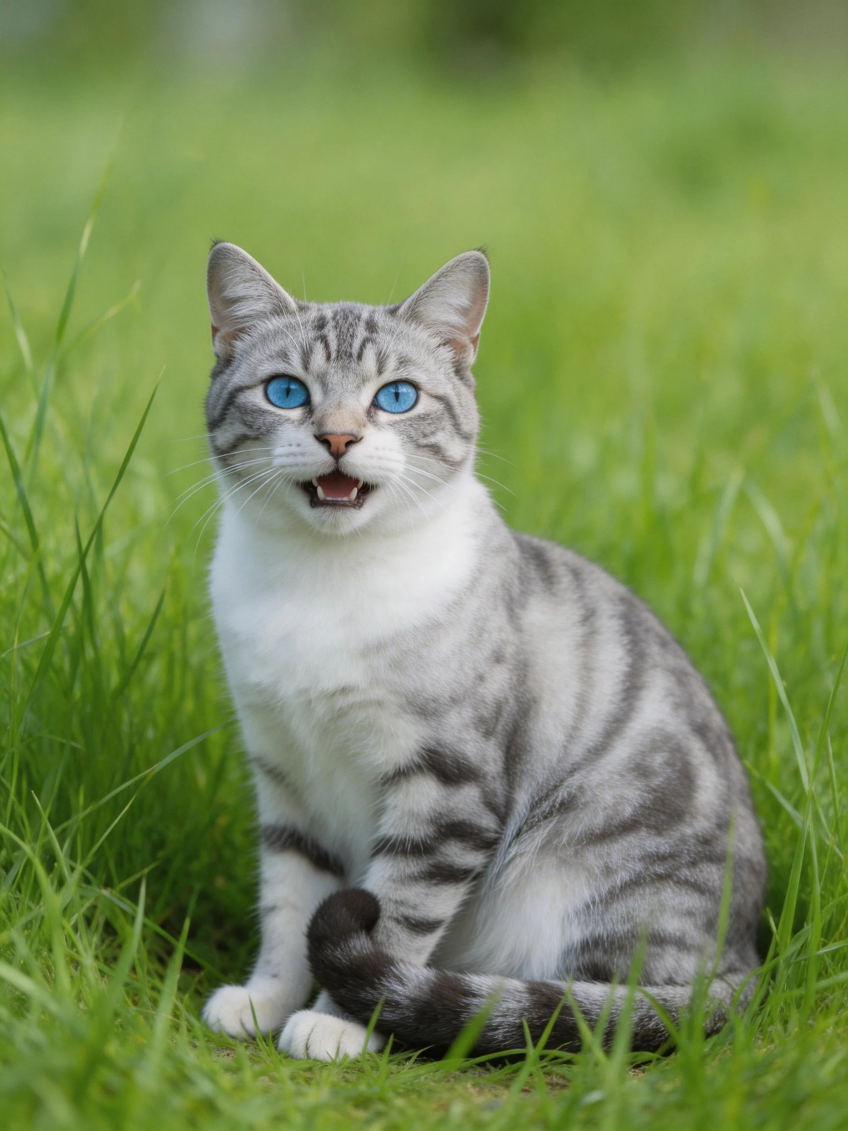 A gray and white tabby cat with blue eyes sits in green grass.