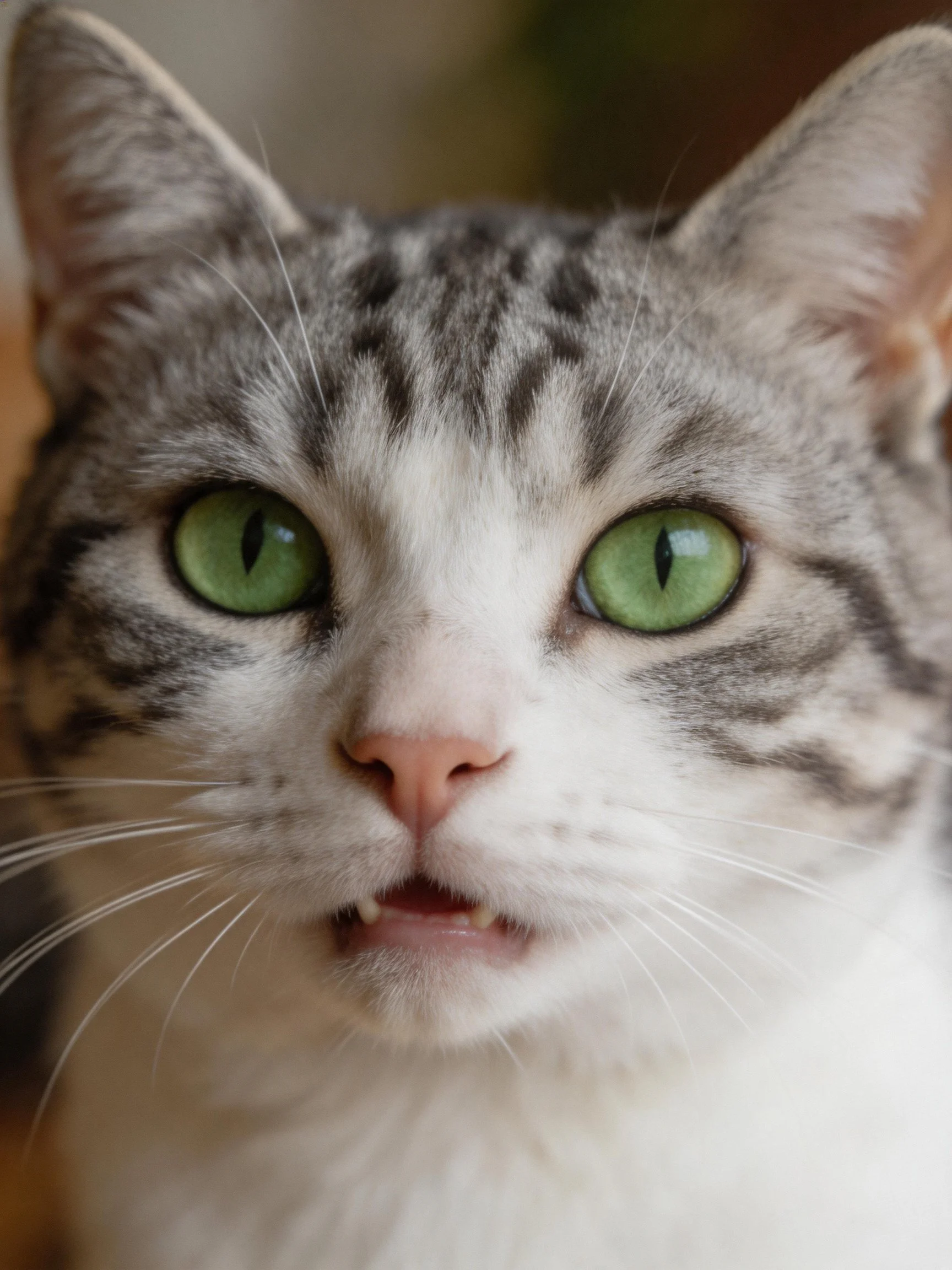 A gray and white tabby cat with bright green eyes stares directly at the viewer.
