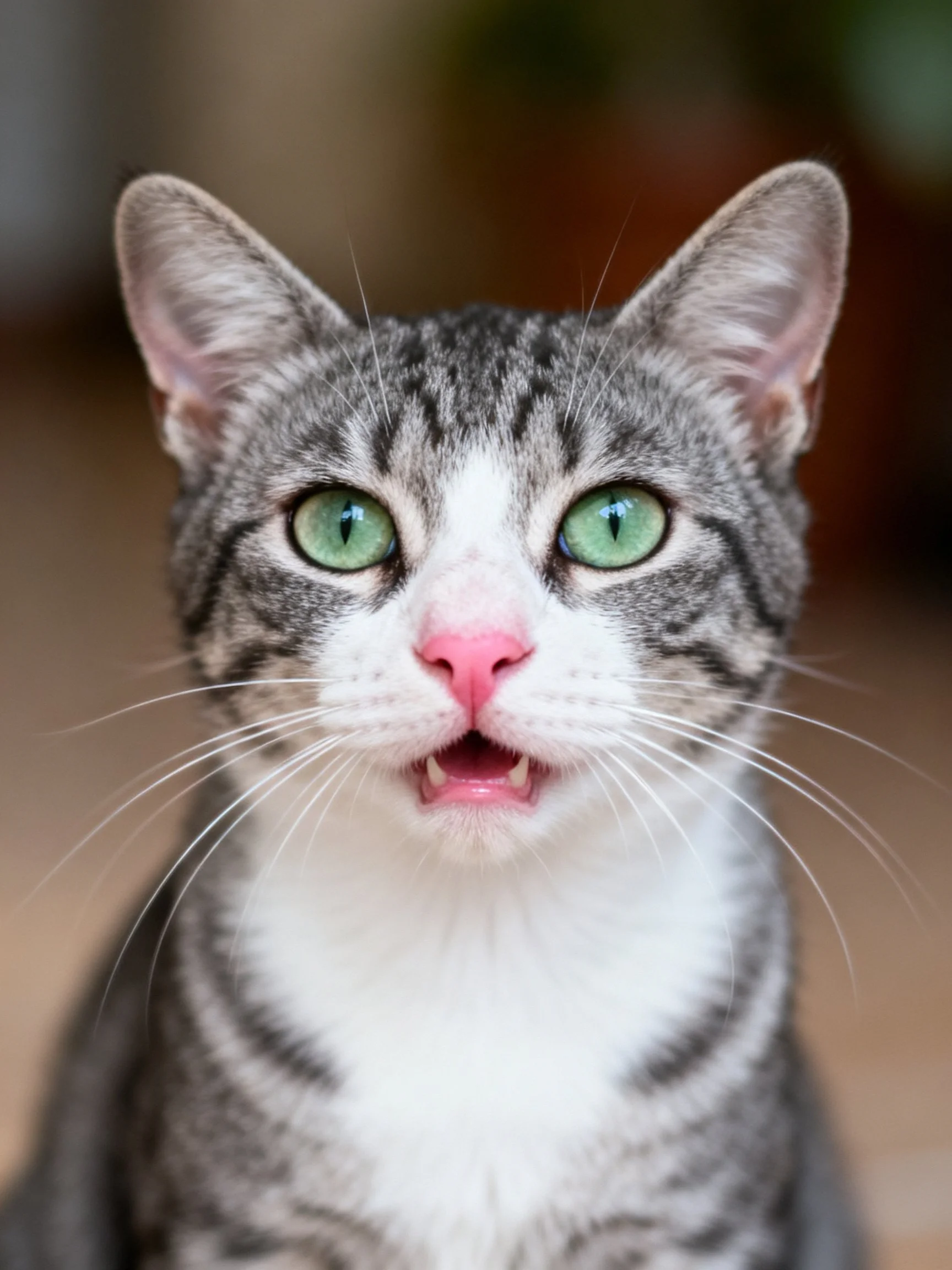 A gray and white tabby cat looks directly at the camera
