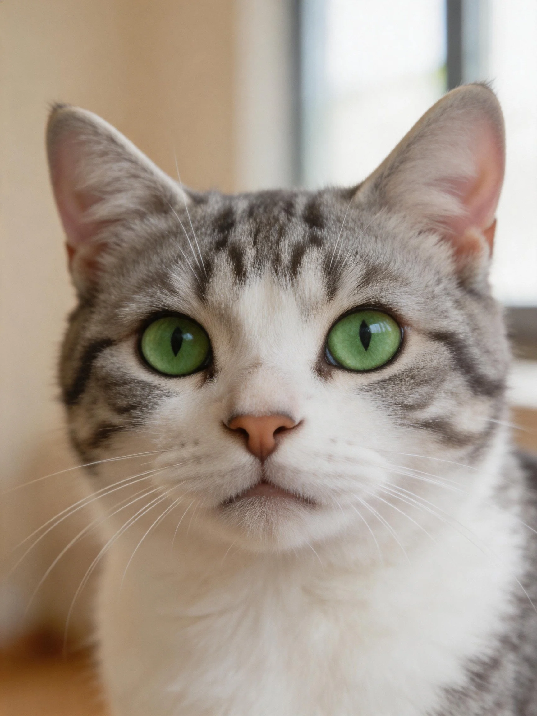A gray and white tabby cat with bright green eyes looks directly at the viewer.