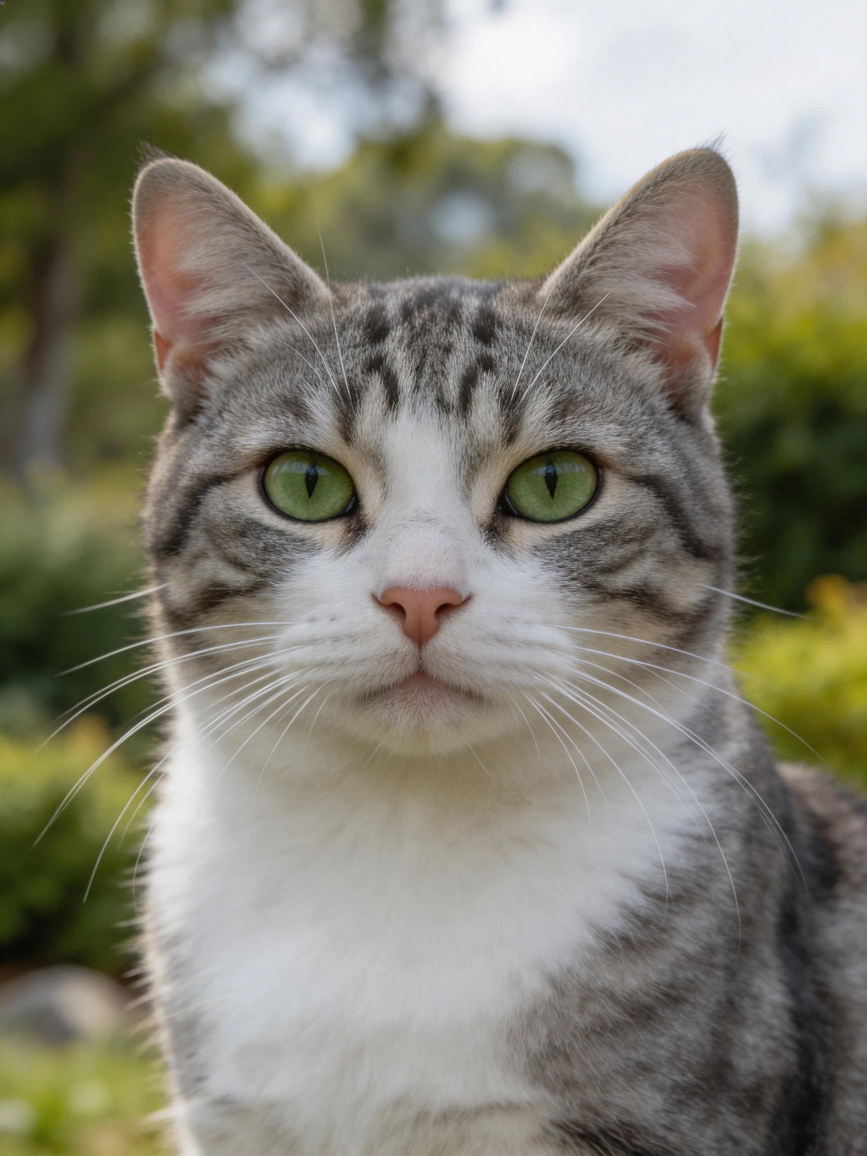 A gray and white tabby cat with bright green eyes looks directly at the camera in an outdoor garden.