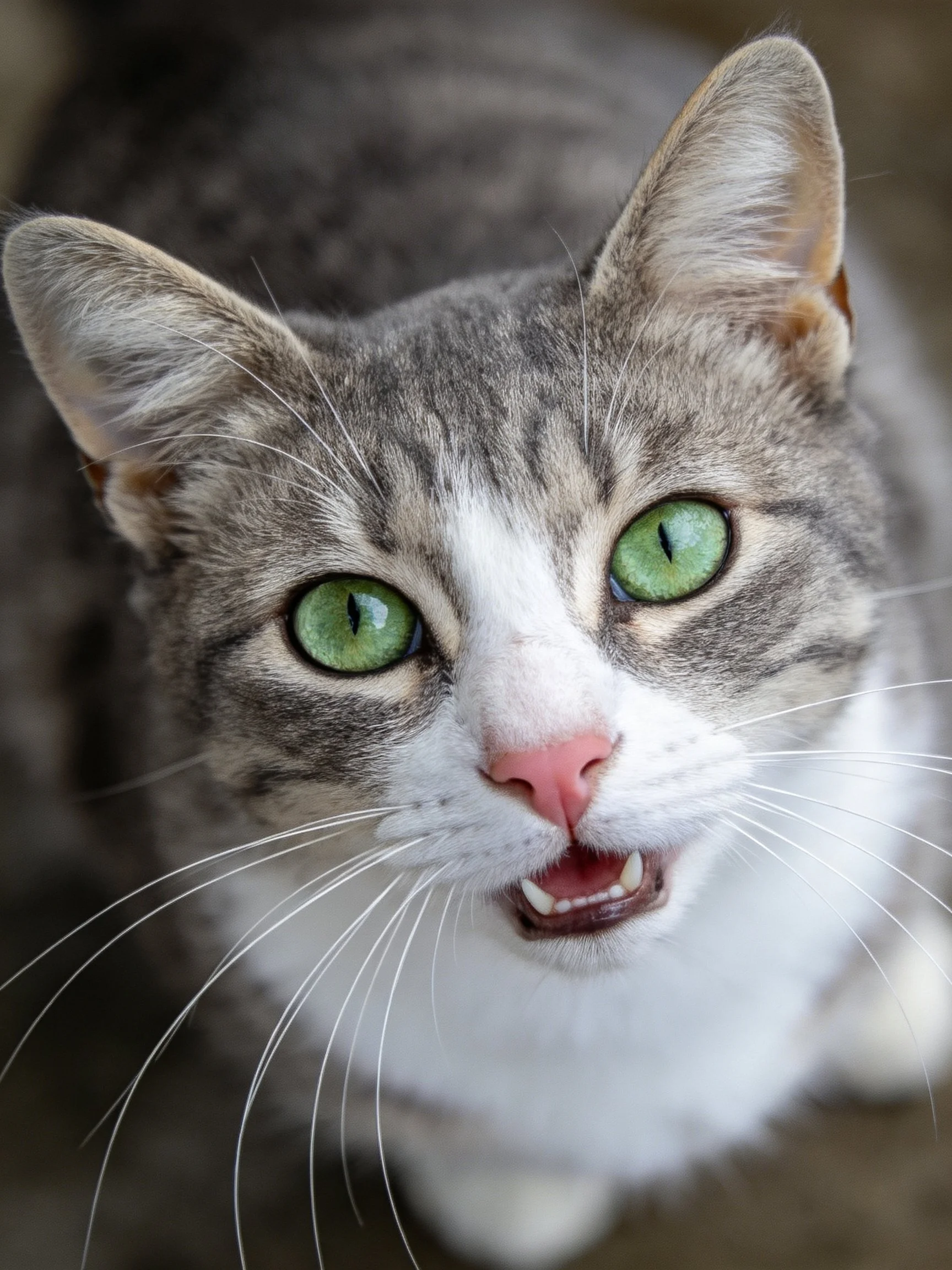 Close - up of a gray and white tabby cat with bright green eyes