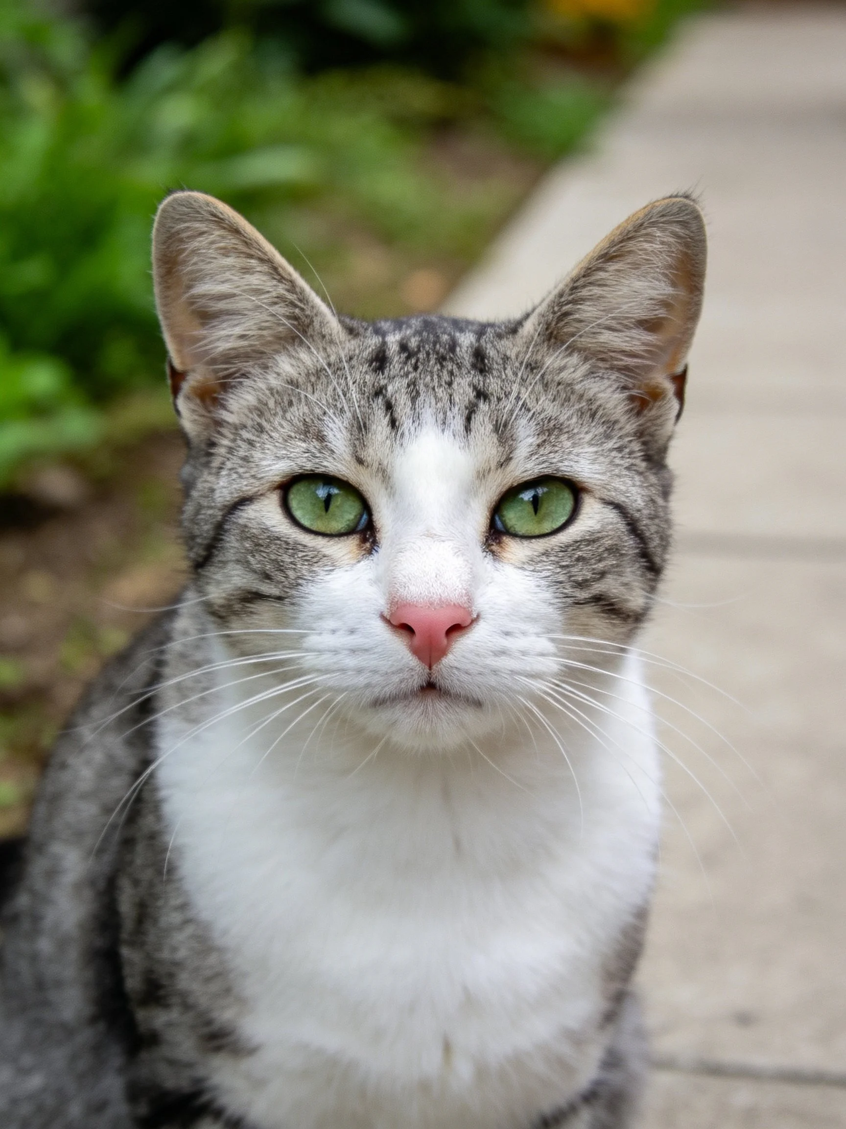 A gray and white tabby cat with green eyes rests near foliage and a paved walkway.