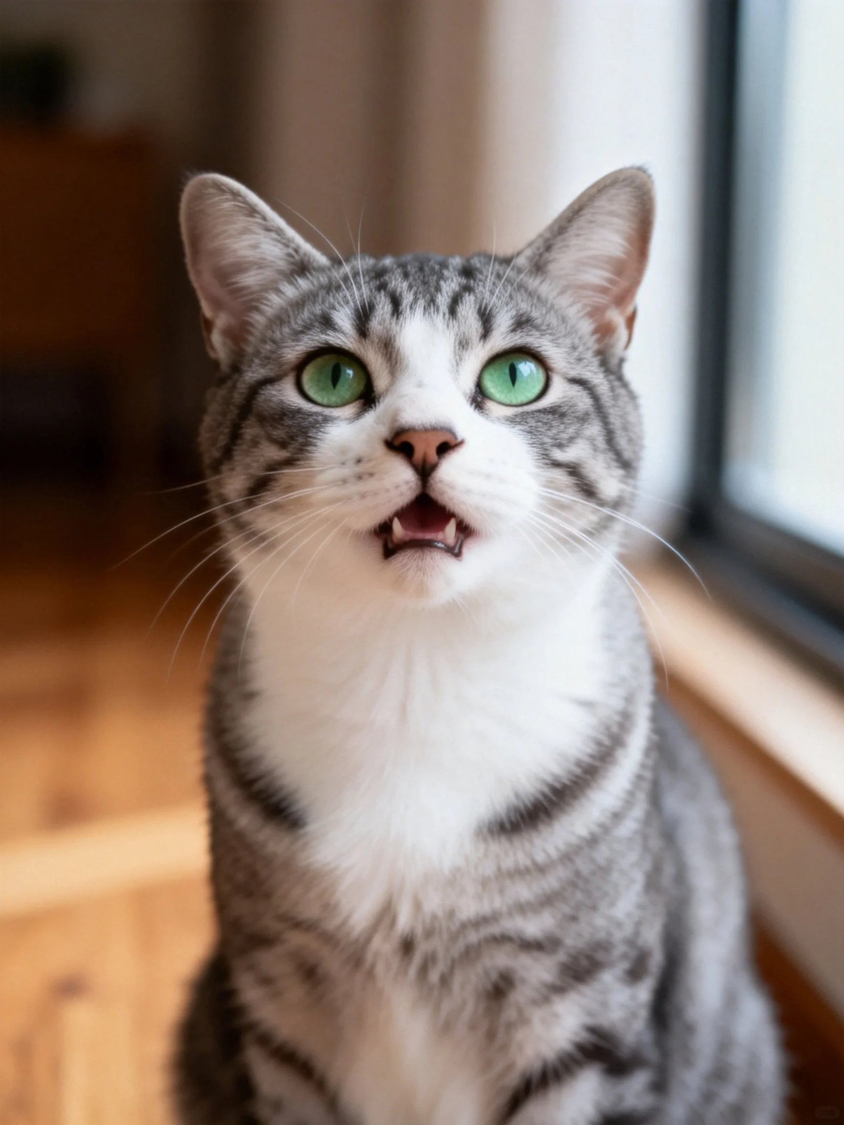 A gray and white tabby cat with green eyes sits near a window.