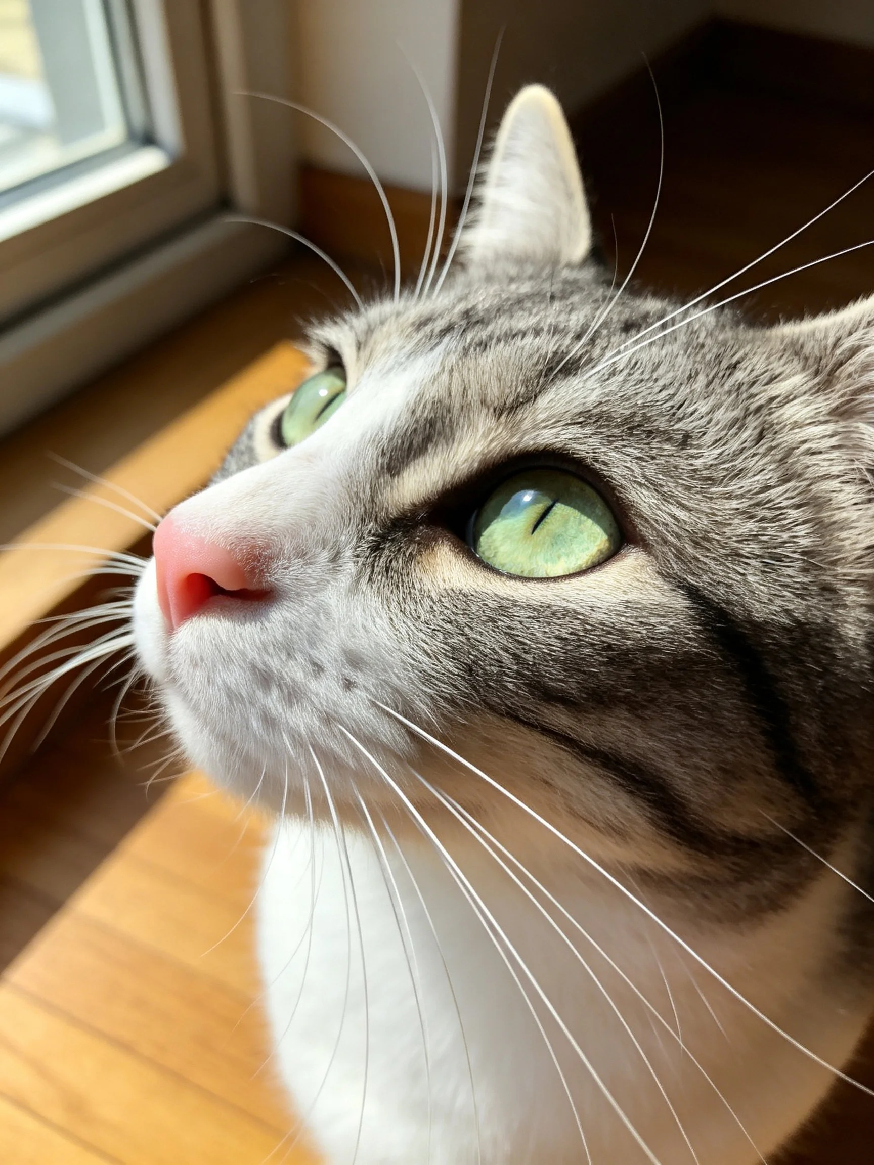 A gray and white tabby cat looks upward beside a window