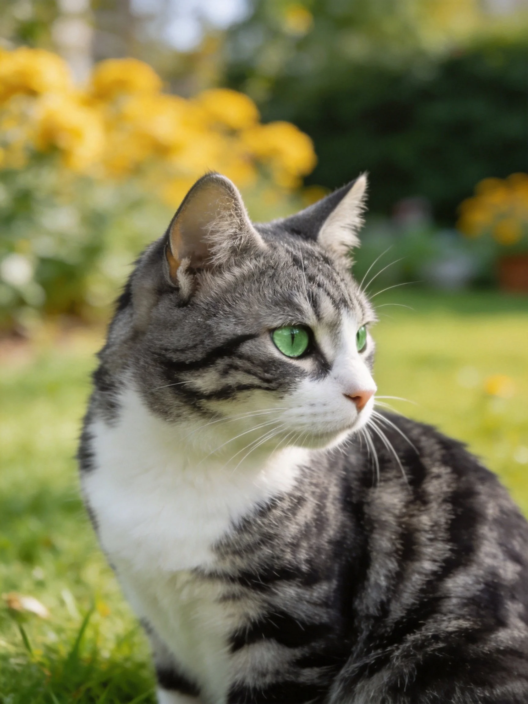 A gray and white tabby cat with green eyes rests outdoors amid yellow flowers.