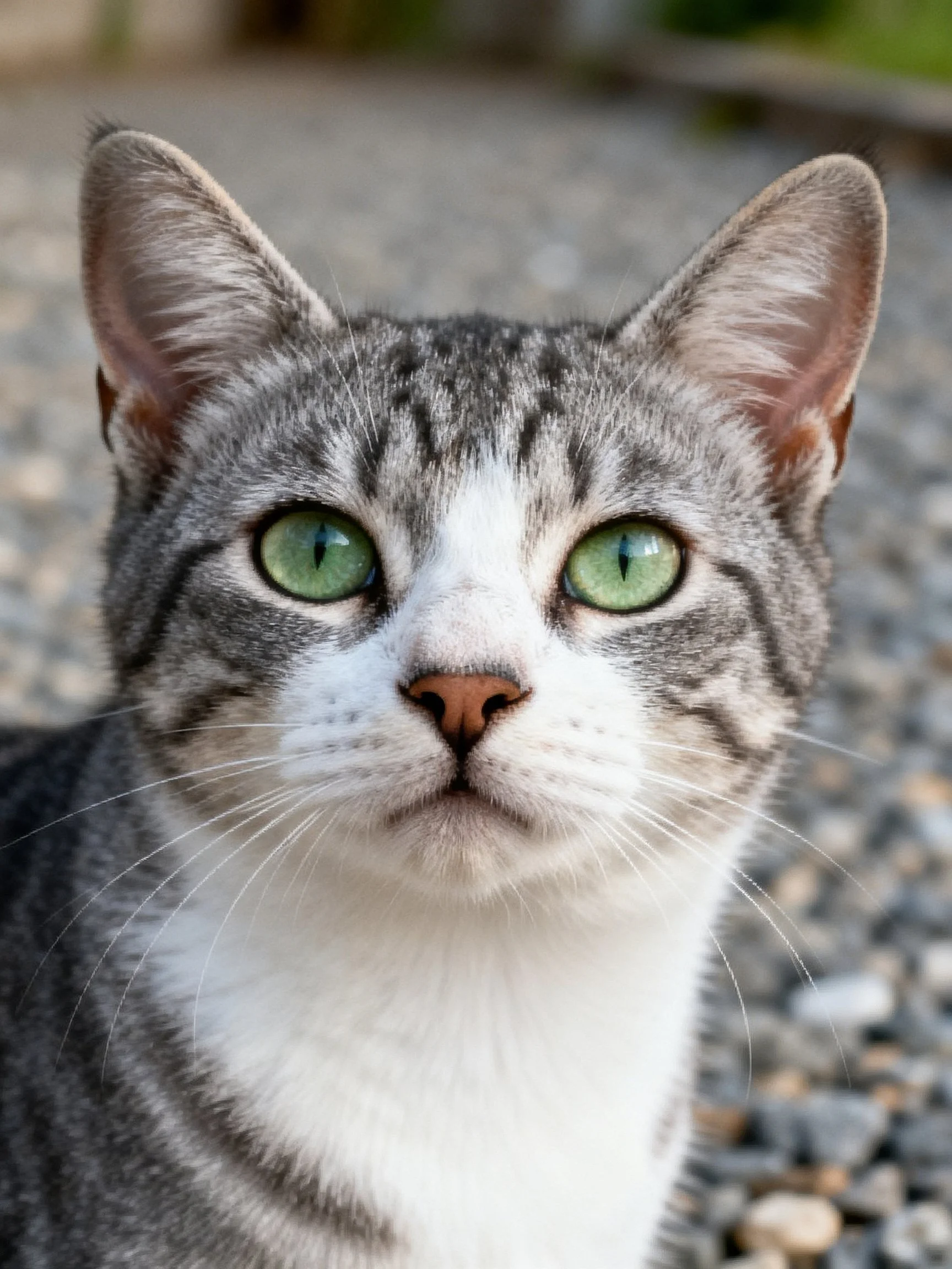 A gray and white tabby cat gazes directly at the camera on gravel.