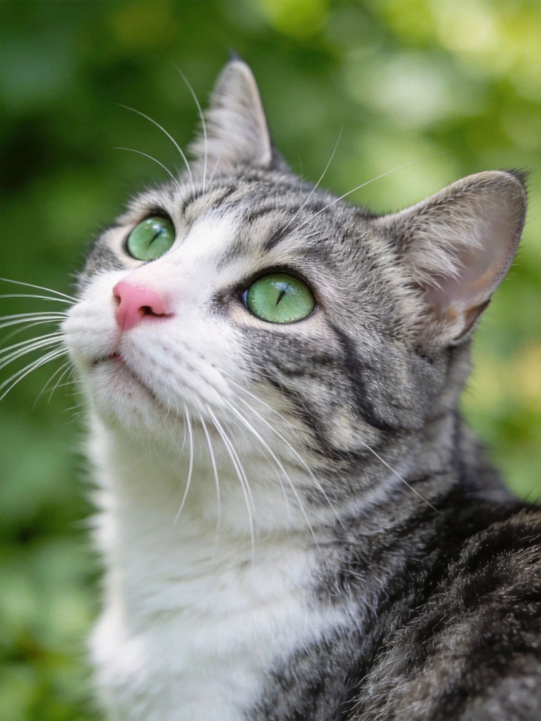 A gray-and-white tabby cat gazes upward near blurred green foliage
