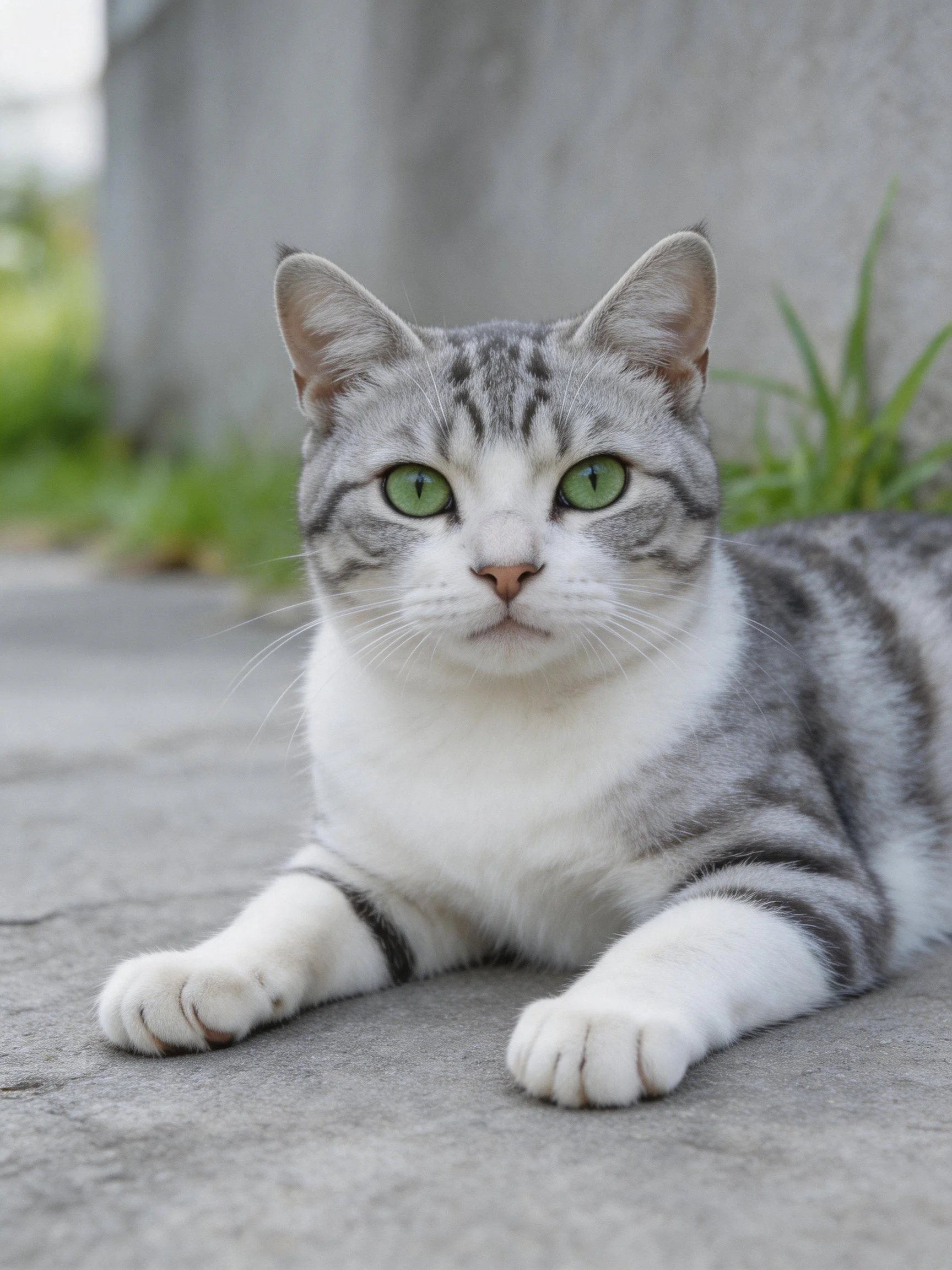 A gray and white tabby cat with green eyes lies calmly on pavement.