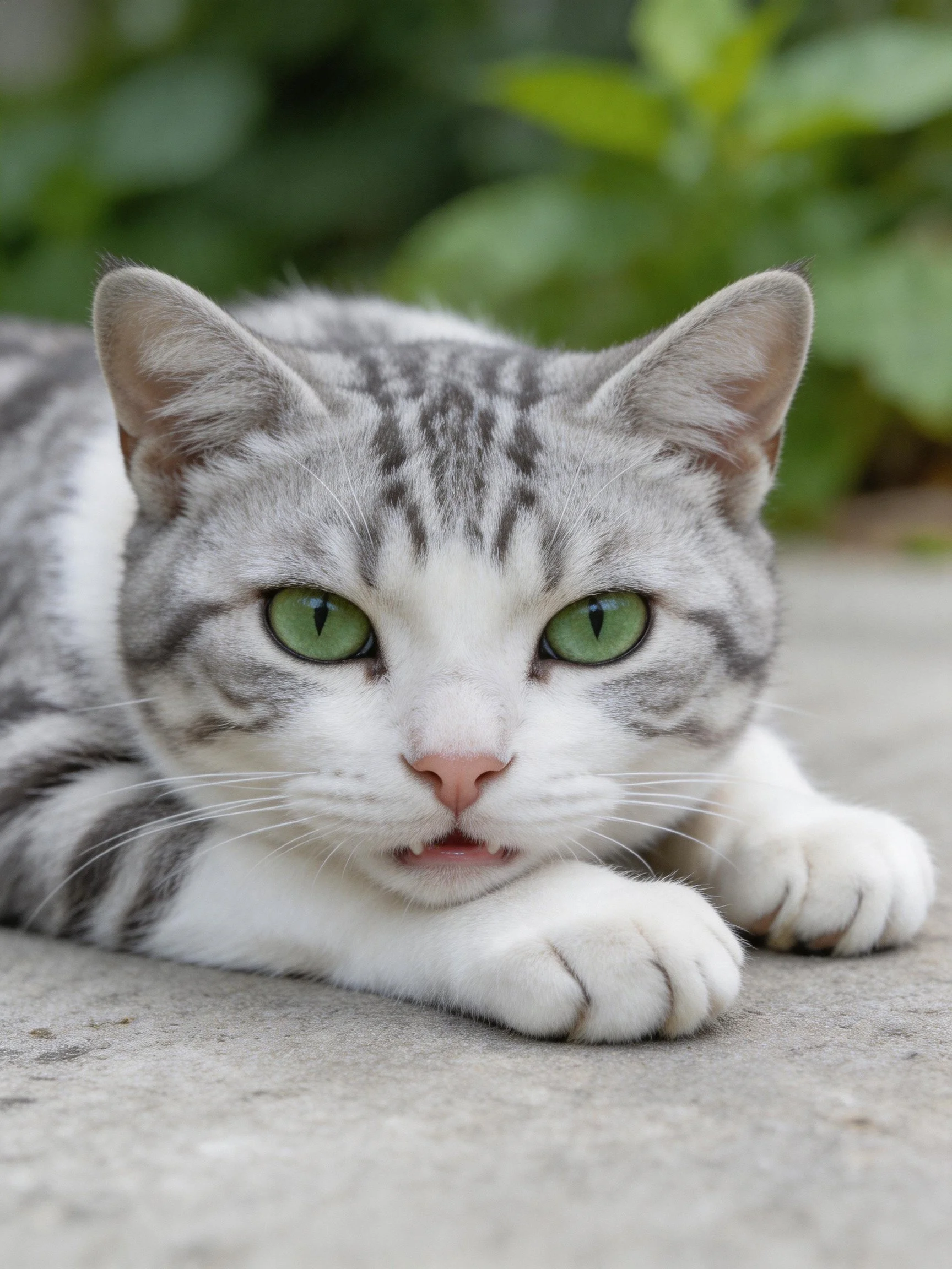 A gray and white tabby cat with bright green eyes lies on a concrete surface near greenery.