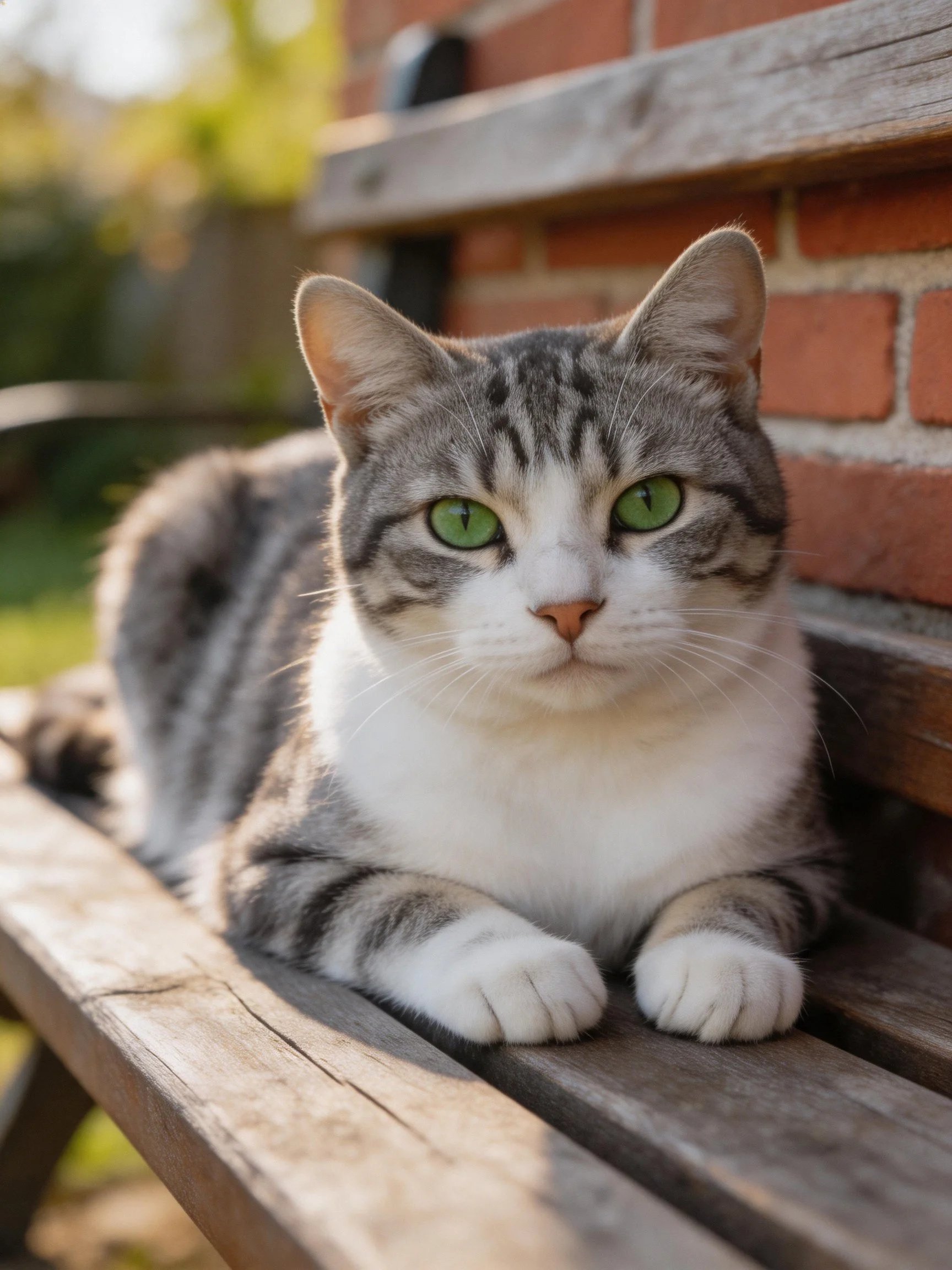 A gray-and-white tabby cat with green eyesrelaxes on a wooden bench near a brick wall