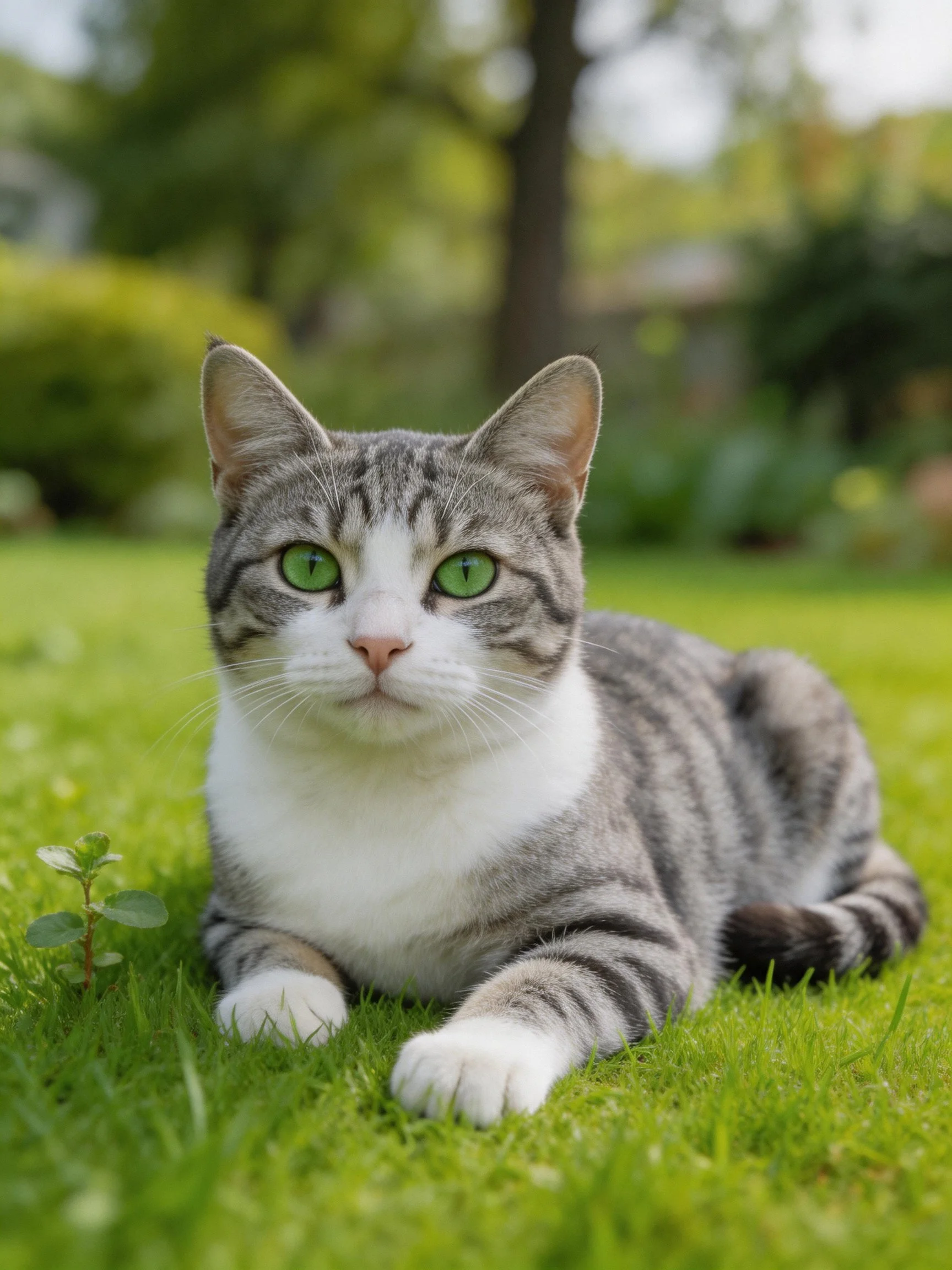 A gray and white tabby cat with green eyes relaxes on grass in an outdoor setting.