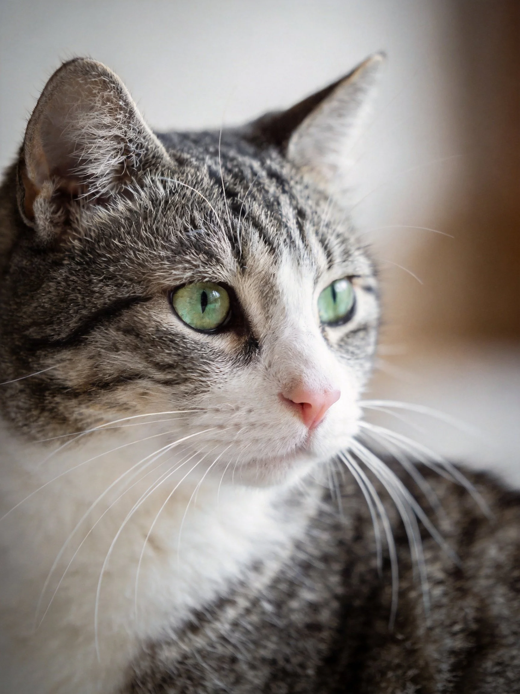 A gray and white tabby cat looks attentively with striking green eyes.
