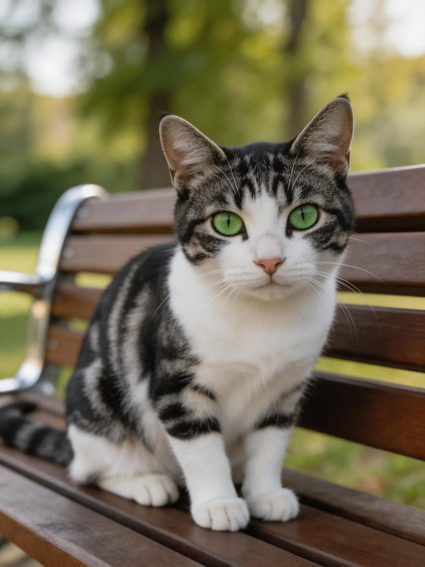 A gray and white tabby cat with bright green eyes sits on a wooden park bench