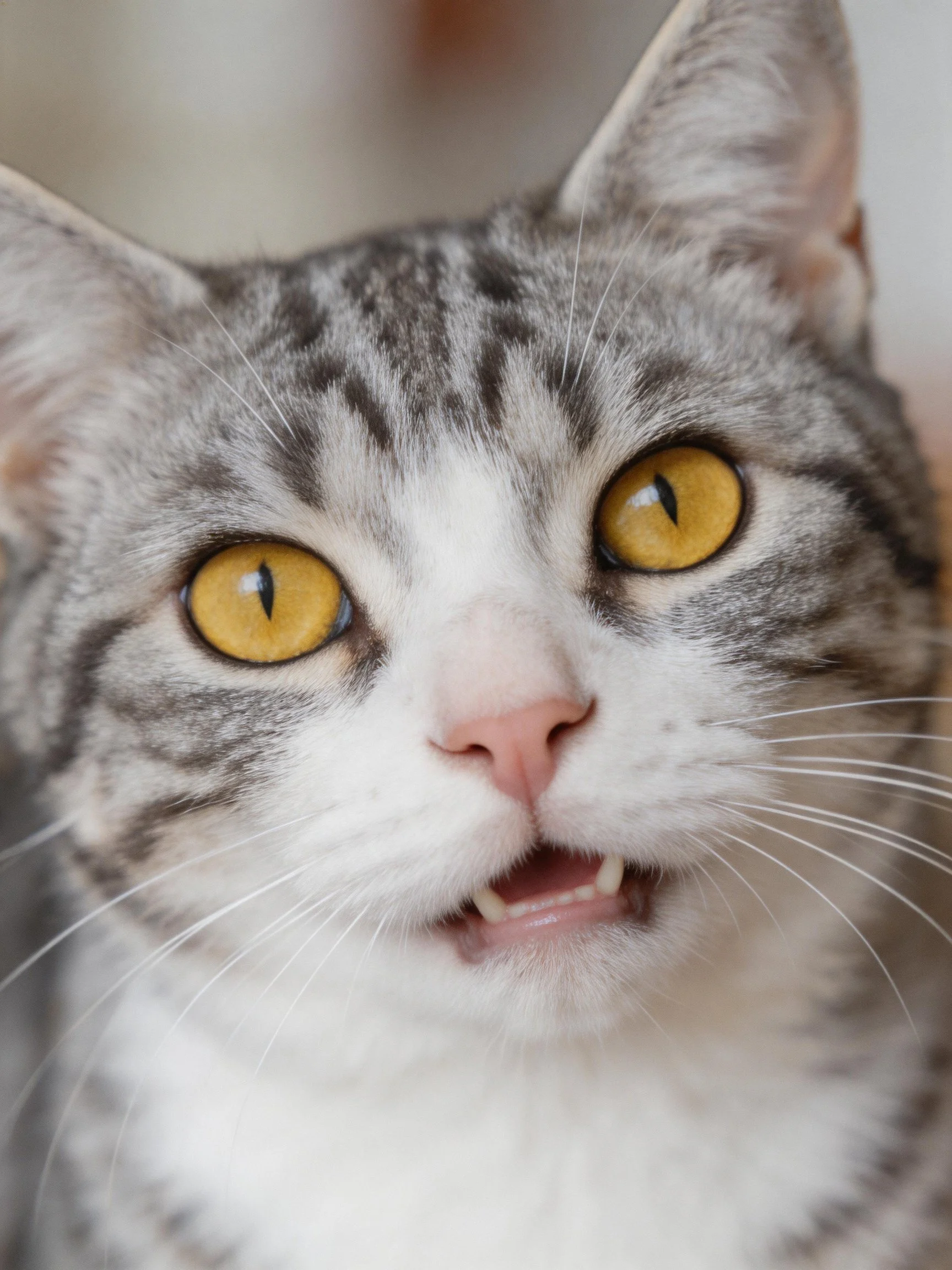 A gray and white tabby cat with bright yellow eyes looks toward the viewer.