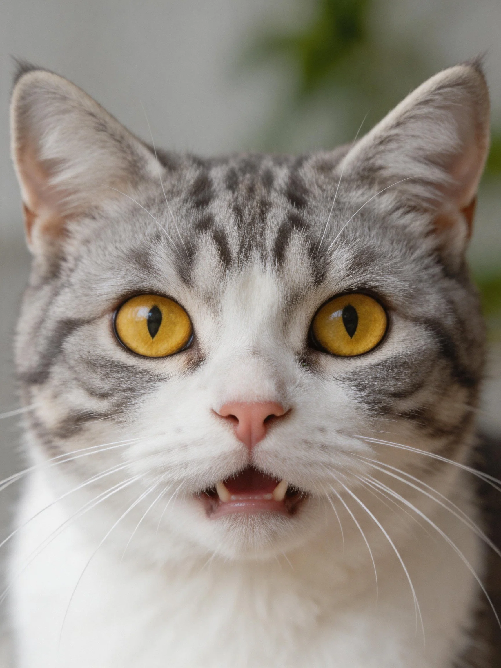 A gray and white tabby cat stares directly at the viewer.