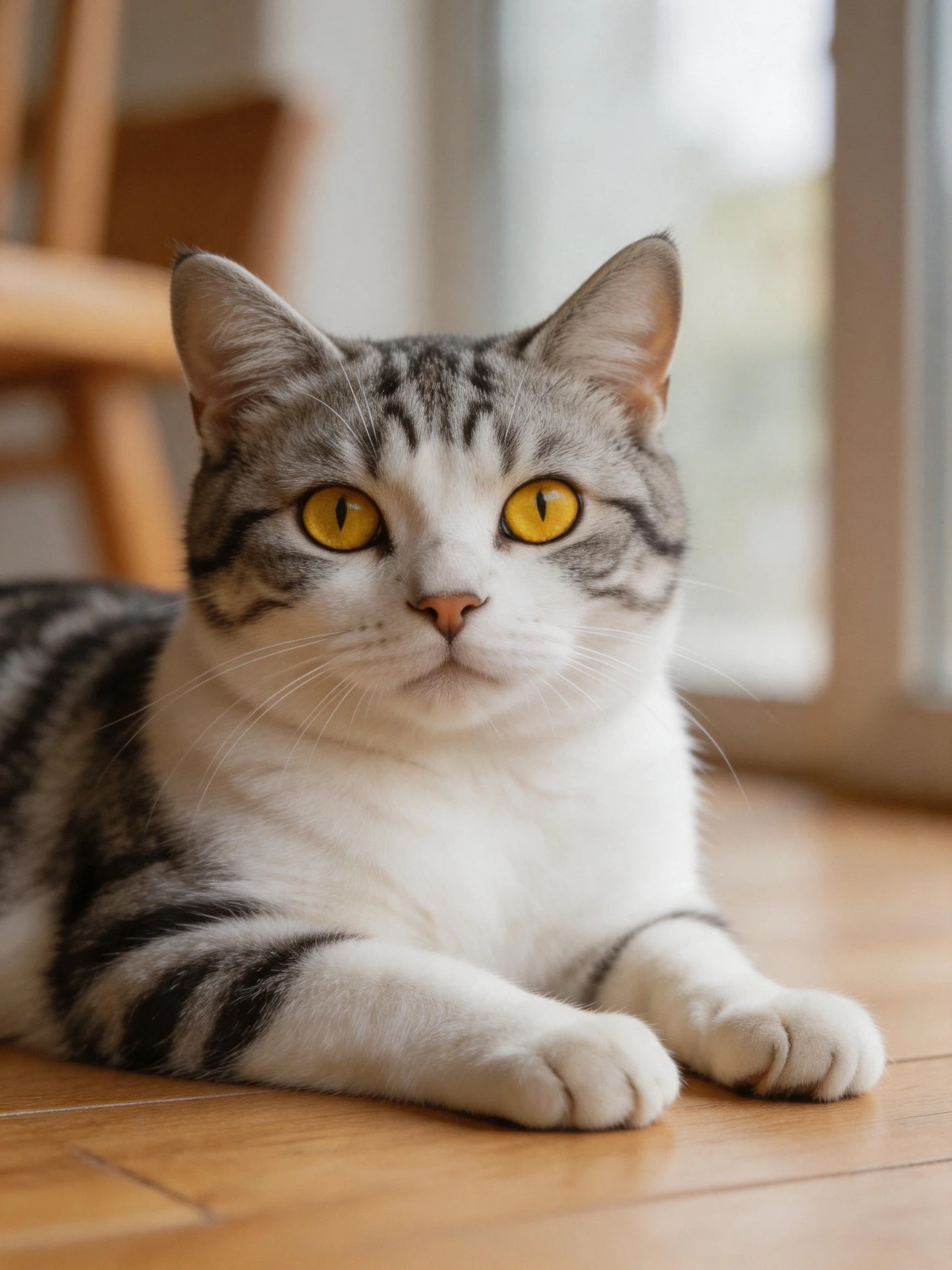 A gray and white tabby cat with yellow eyes rests on a wooden floor.