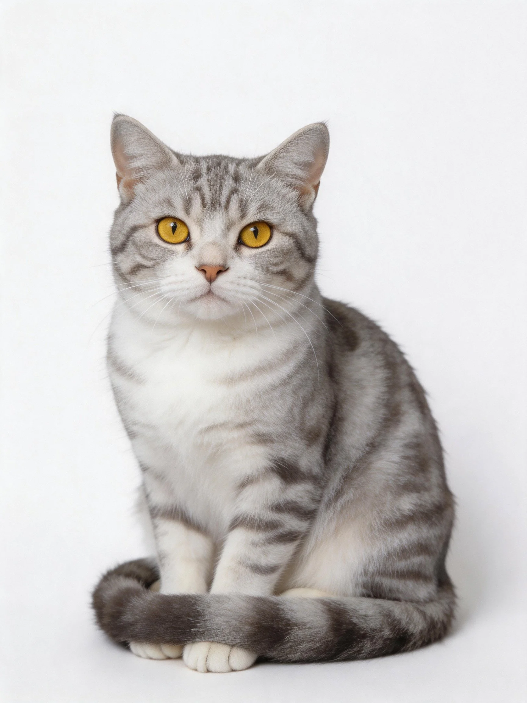A gray and white tabby cat with yellow eyes sits calmly against a plain background.