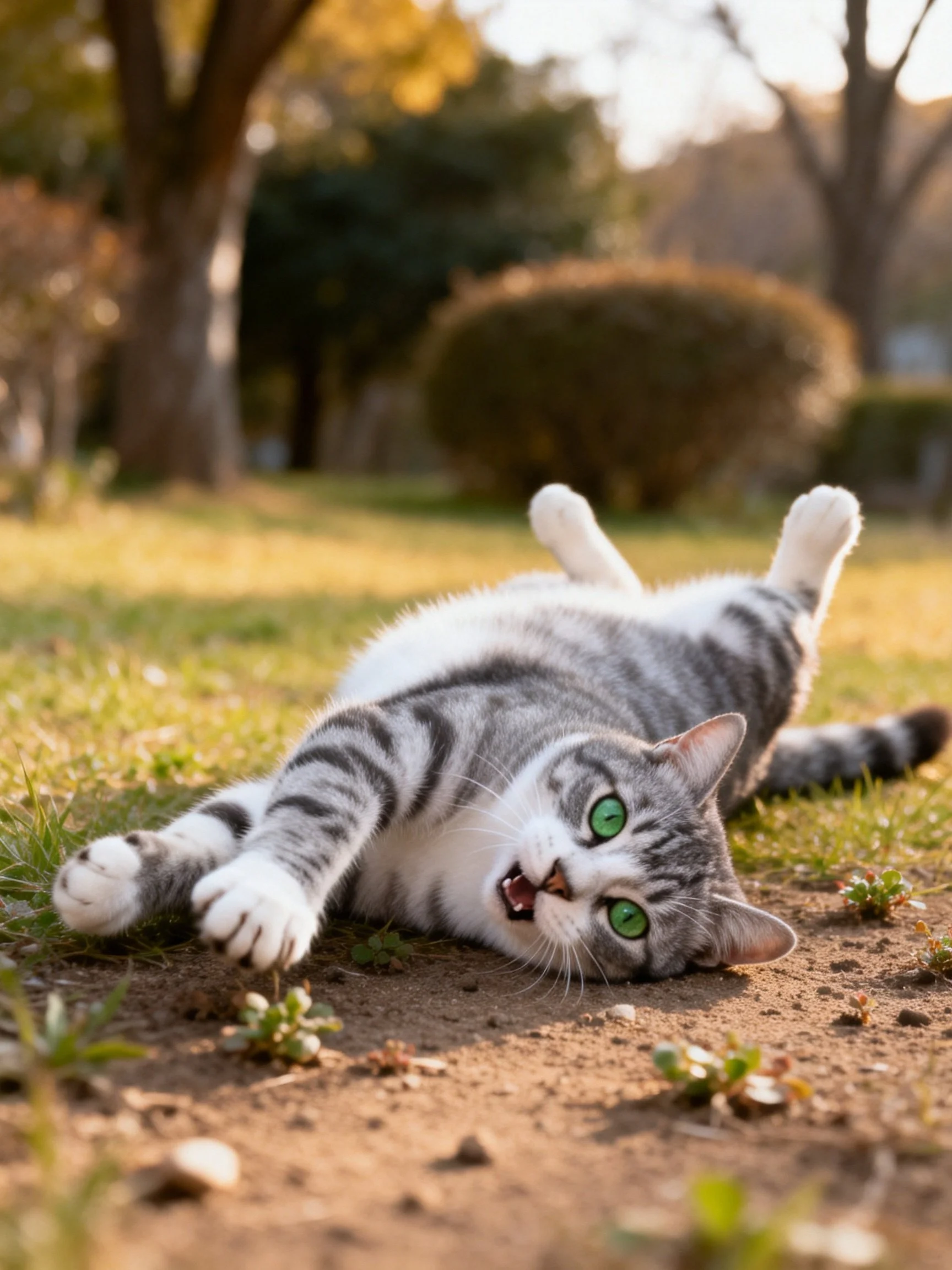 A gray and white tabby cat with green eyes relaxes on grassy ground in an outdoor setting.